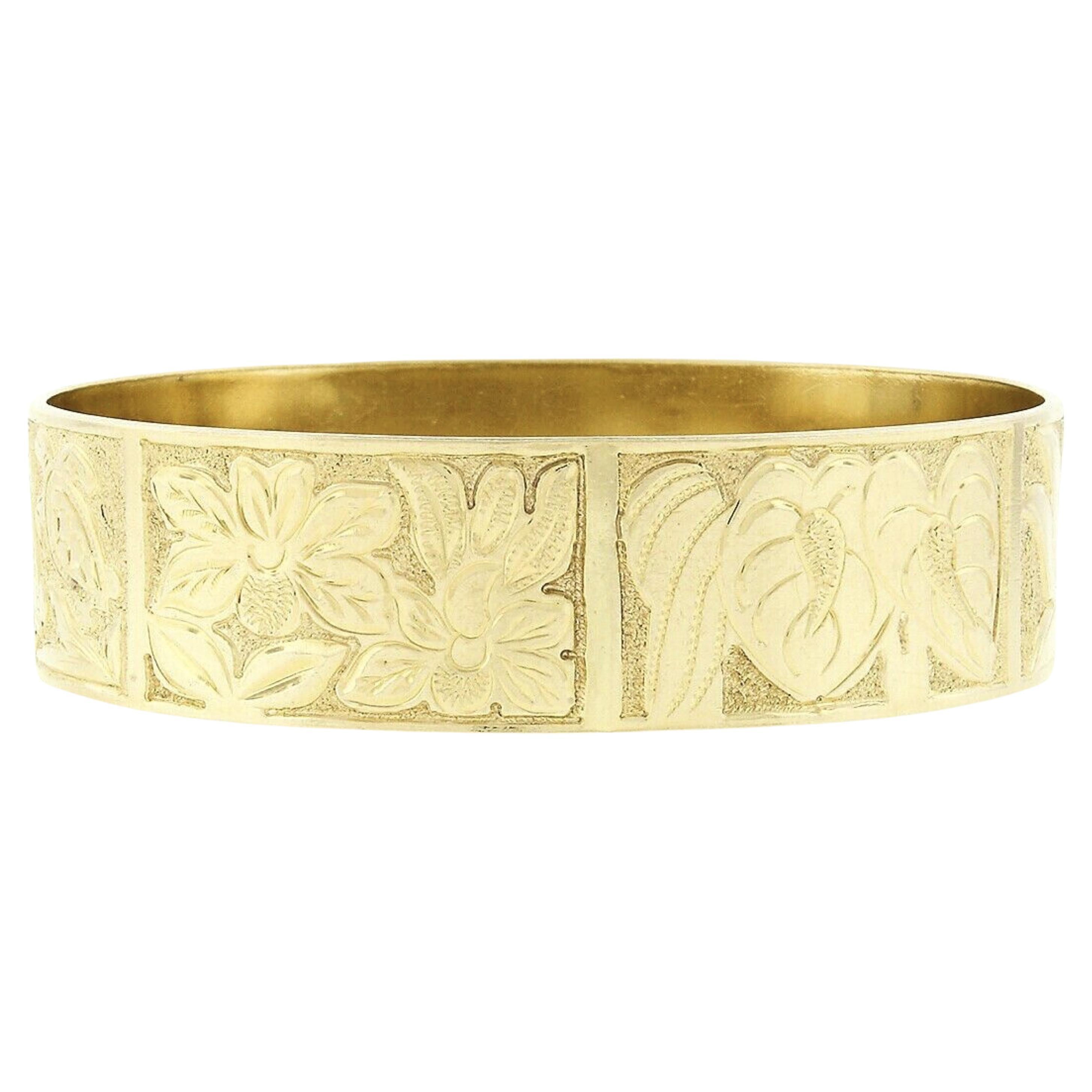 14k Gold Etched Engraved Slip on Hawaii Turtle Flowers Bangle Bracelet