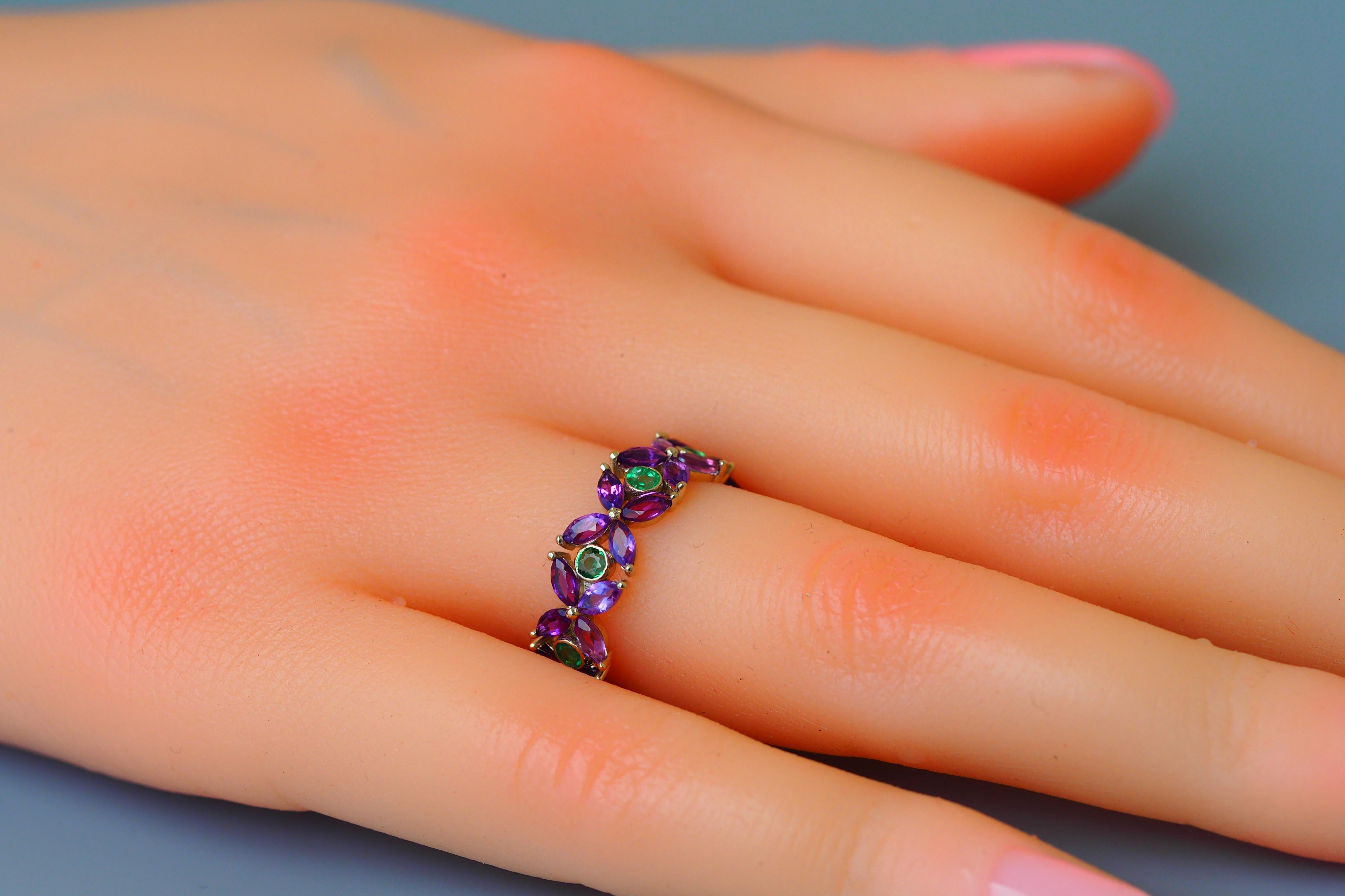 For Sale:  14k Gold Eternity Ring with Emeralds and Amethysts 10