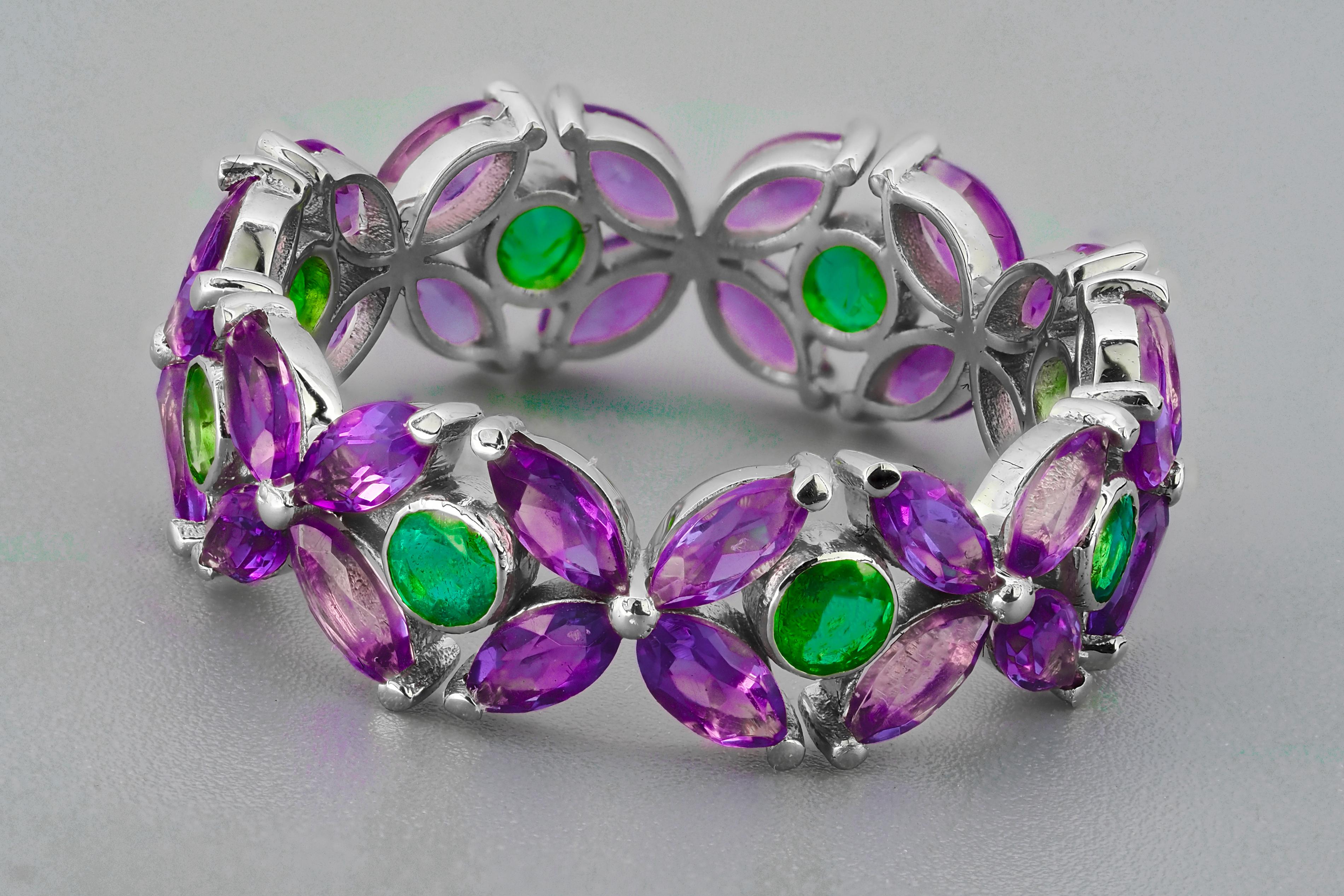 For Sale:  14k Gold Eternity Ring with Emeralds and Amethysts 3