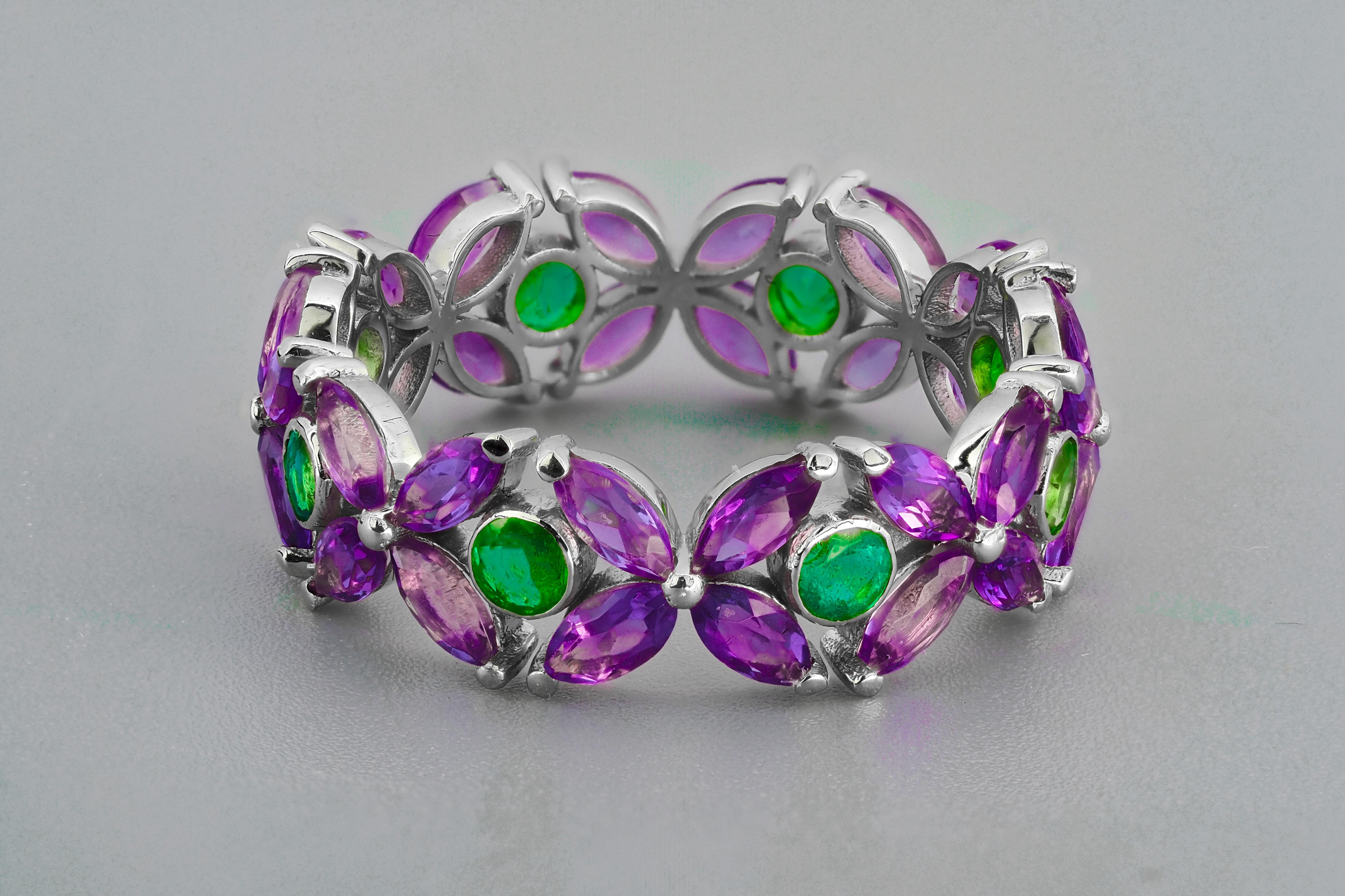 For Sale:  14k Gold Eternity Ring with Emeralds and Amethysts 4