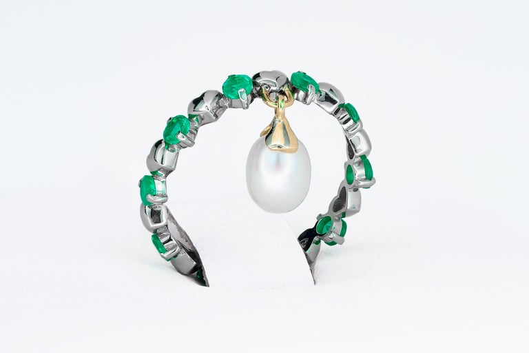 For Sale:  14 Karat Gold Eternity Ring with Emeralds and Pearl. Emerald eternity ring 5