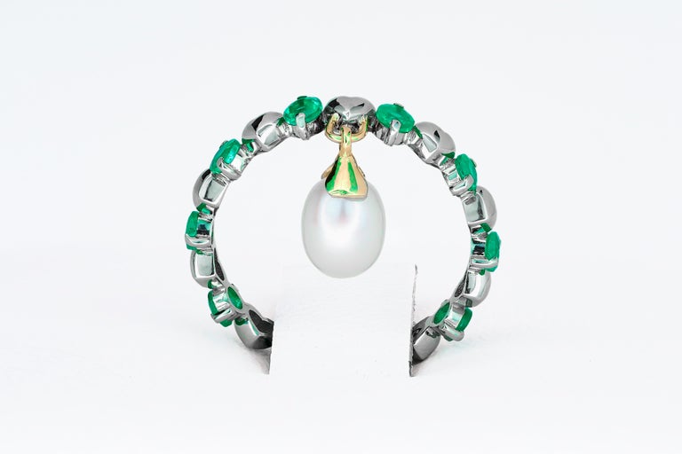 For Sale:  14 Karat Gold Eternity Ring with Emeralds and Pearl. Emerald eternity ring 6