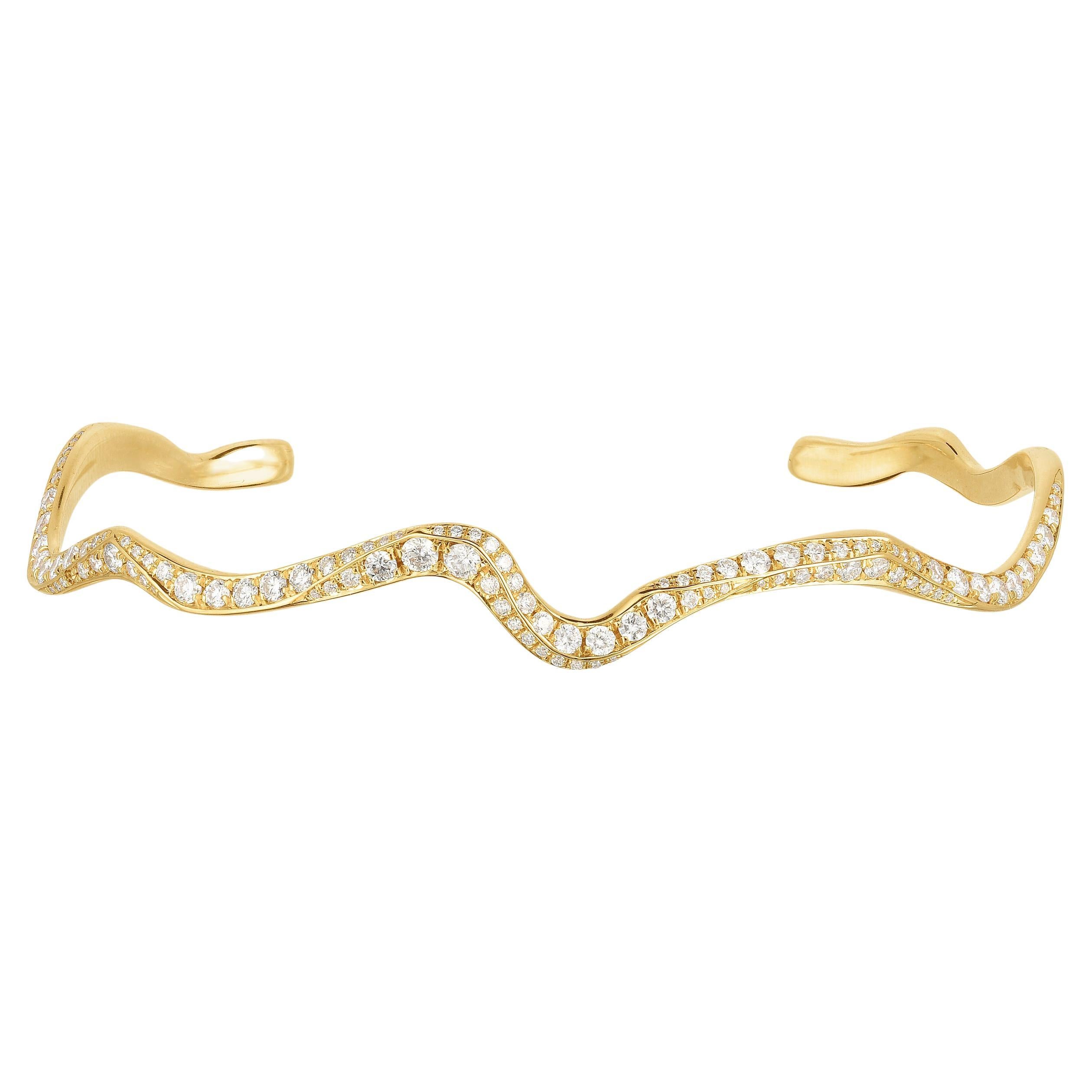 14k Gold + Ethical Diamond AMANDA PEARL Ripple Cuff Bracelet For Sale