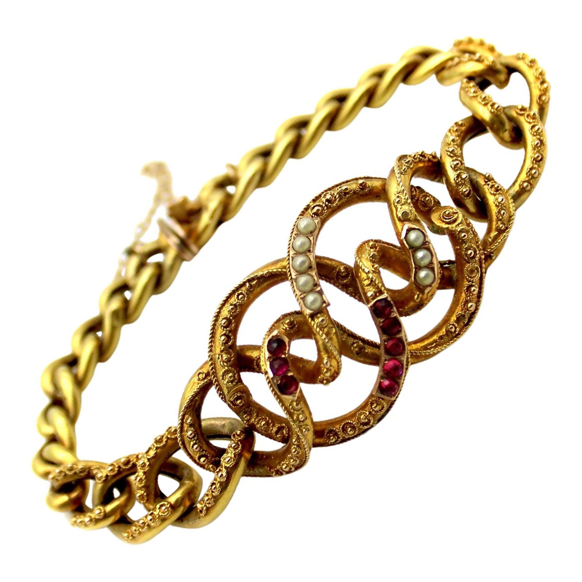 Pulsera Nudo de Enamorado Renacimiento Etrusco de Oro de 14K con Granates y Perlas