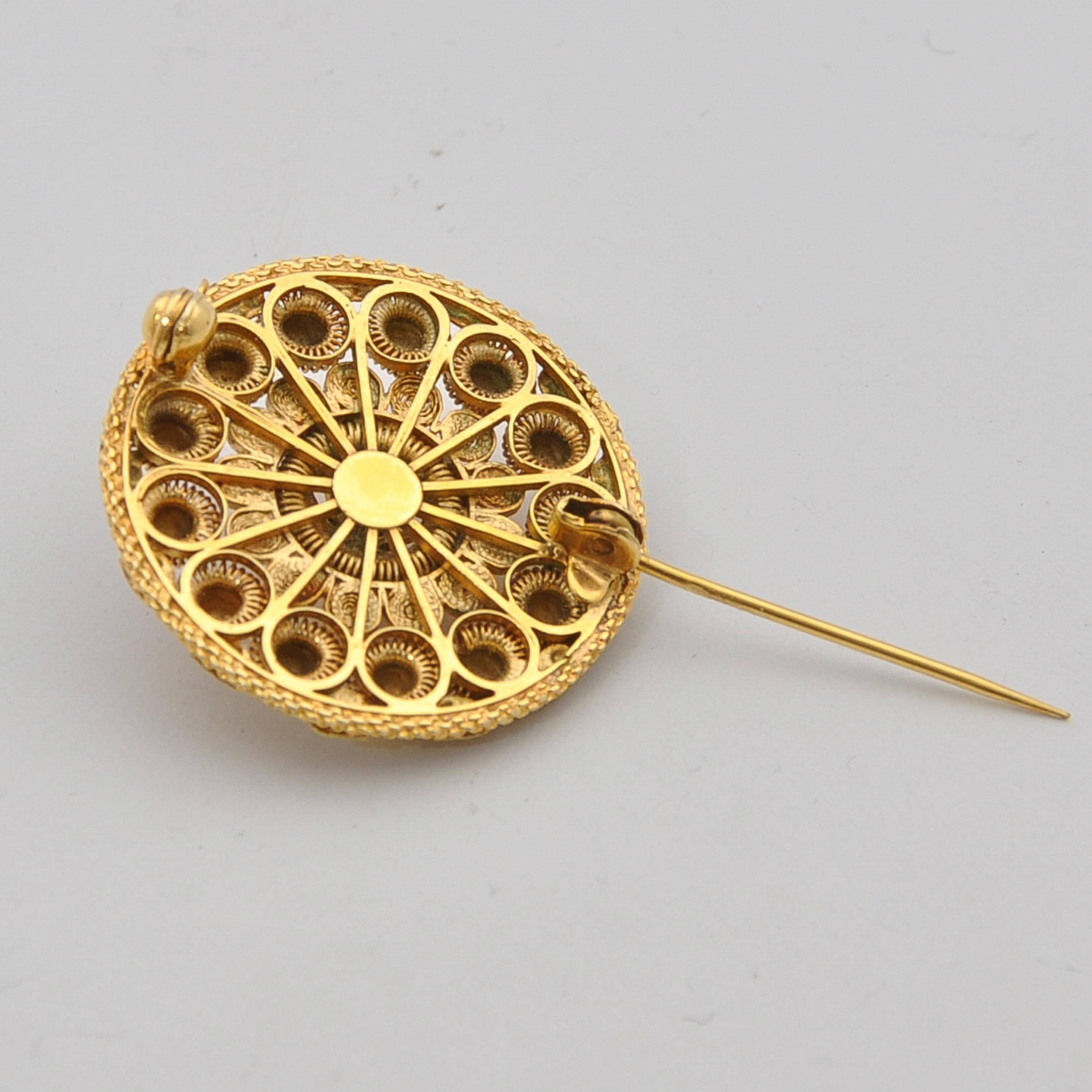 Women's or Men's Early 20th Century Etruscan Revival 14K Gold Cannetille Brooch For Sale