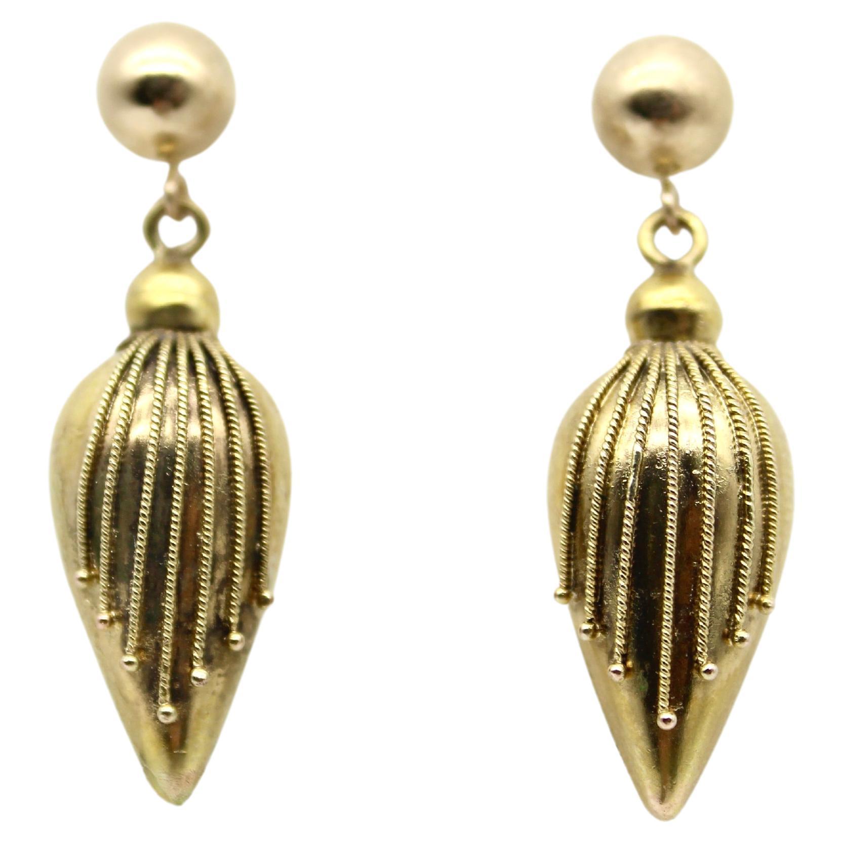 14k Gold Etruscan Revival Torpedo Earrings with Twisted Wirework
