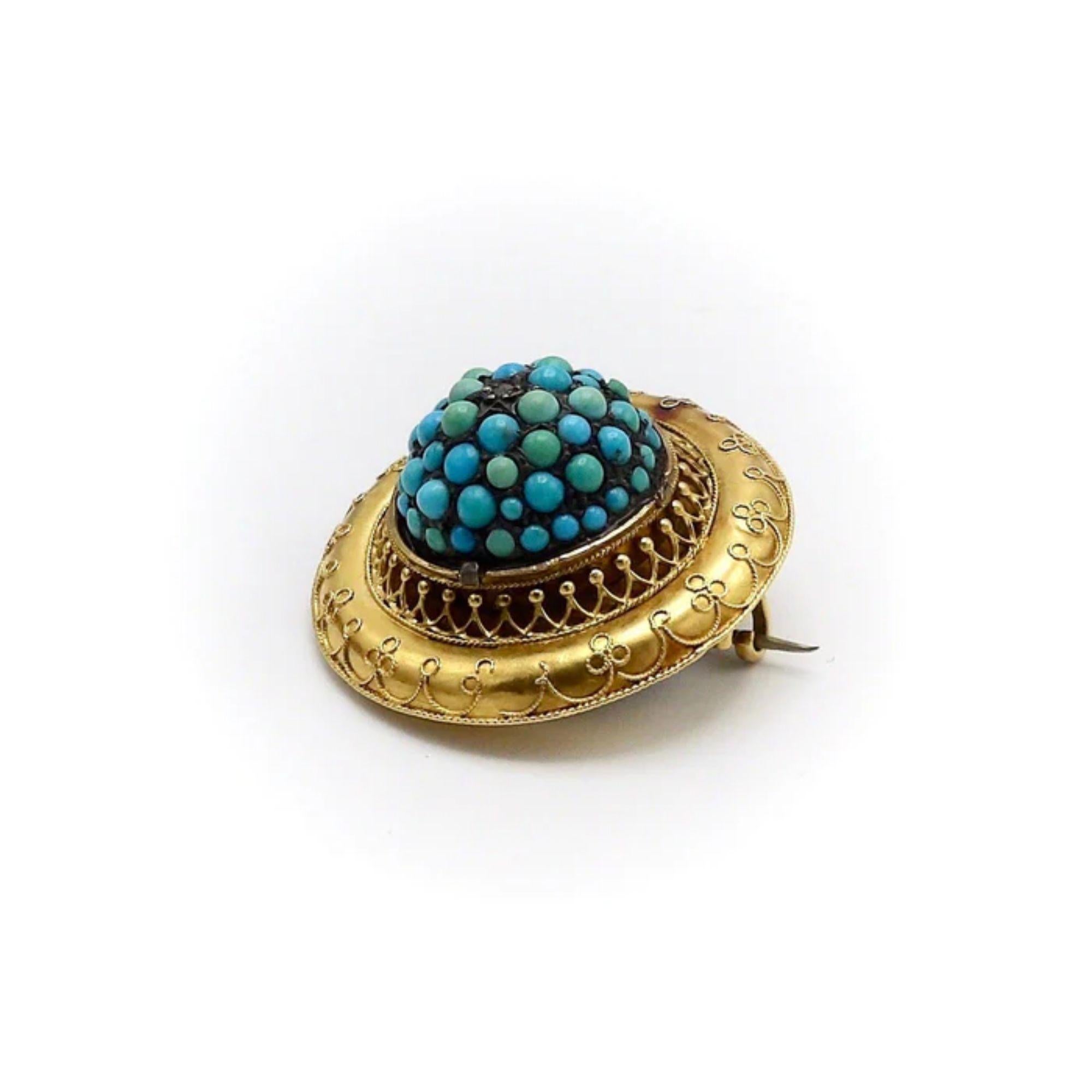 14K Gold Etruscan Revival Turquoise Cabochon, and Diamond Brooch In Good Condition For Sale In Venice, CA