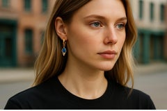 14K Gold European Lever Back Hoop Earrings Pear Shaped Sapphires and Diamonds