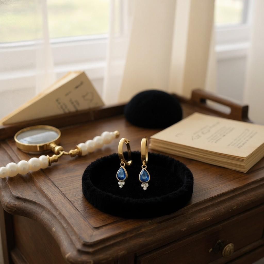 14K Gold European Lever Back Hoop Earrings Birnenförmige Saphire und Diamanten (Tropfenschliff) im Angebot