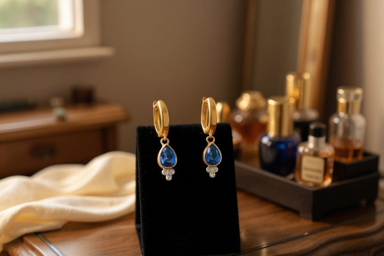 14K Gold European Lever Back Hoop Earrings Birnenförmige Saphire und Diamanten Damen im Angebot