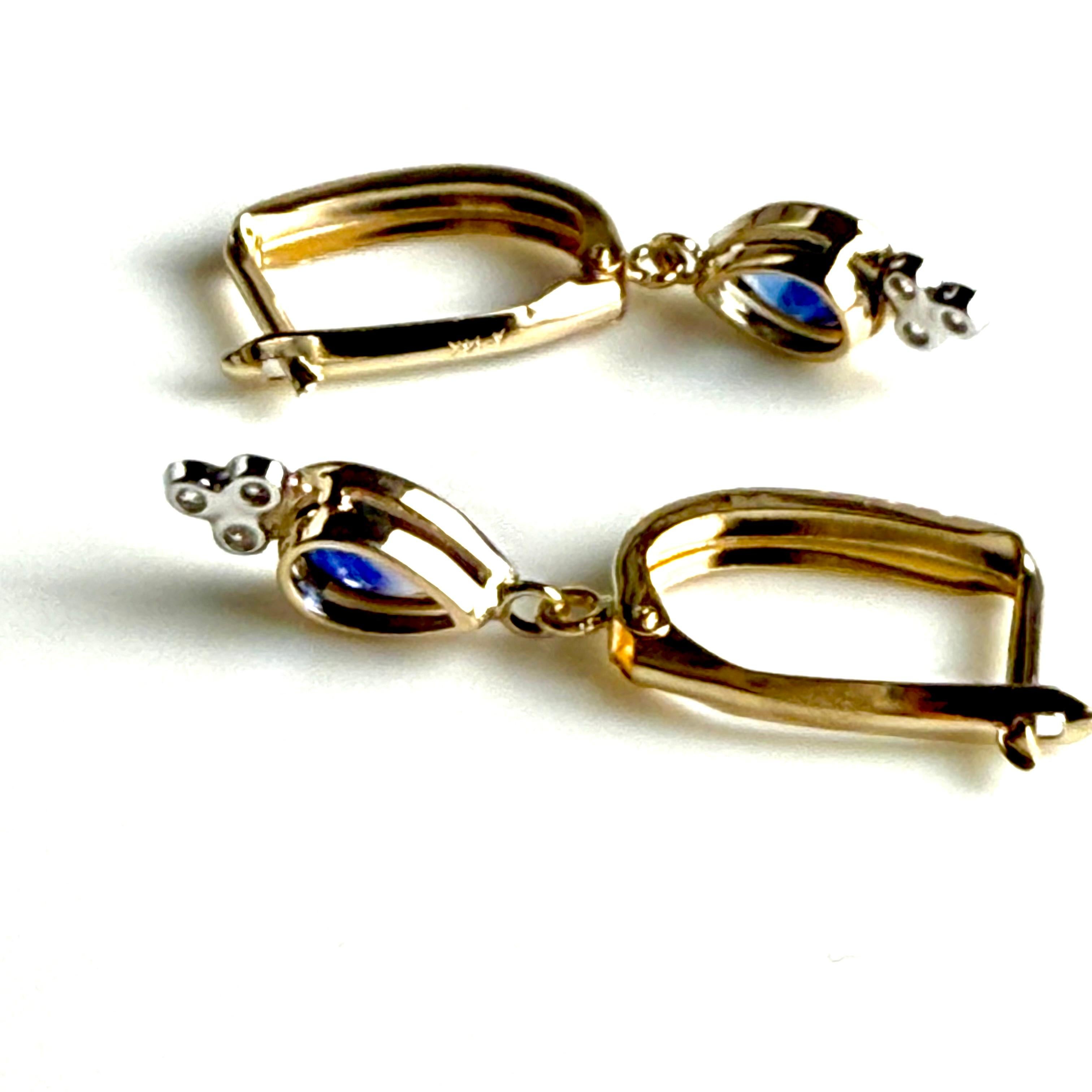 14K Gold European Lever Back Hoop Earrings Birnenförmige Saphire und Diamanten im Angebot 1