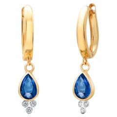 14K Gold European Lever Back Hoop Earrings Birnenförmige Saphire und Diamanten