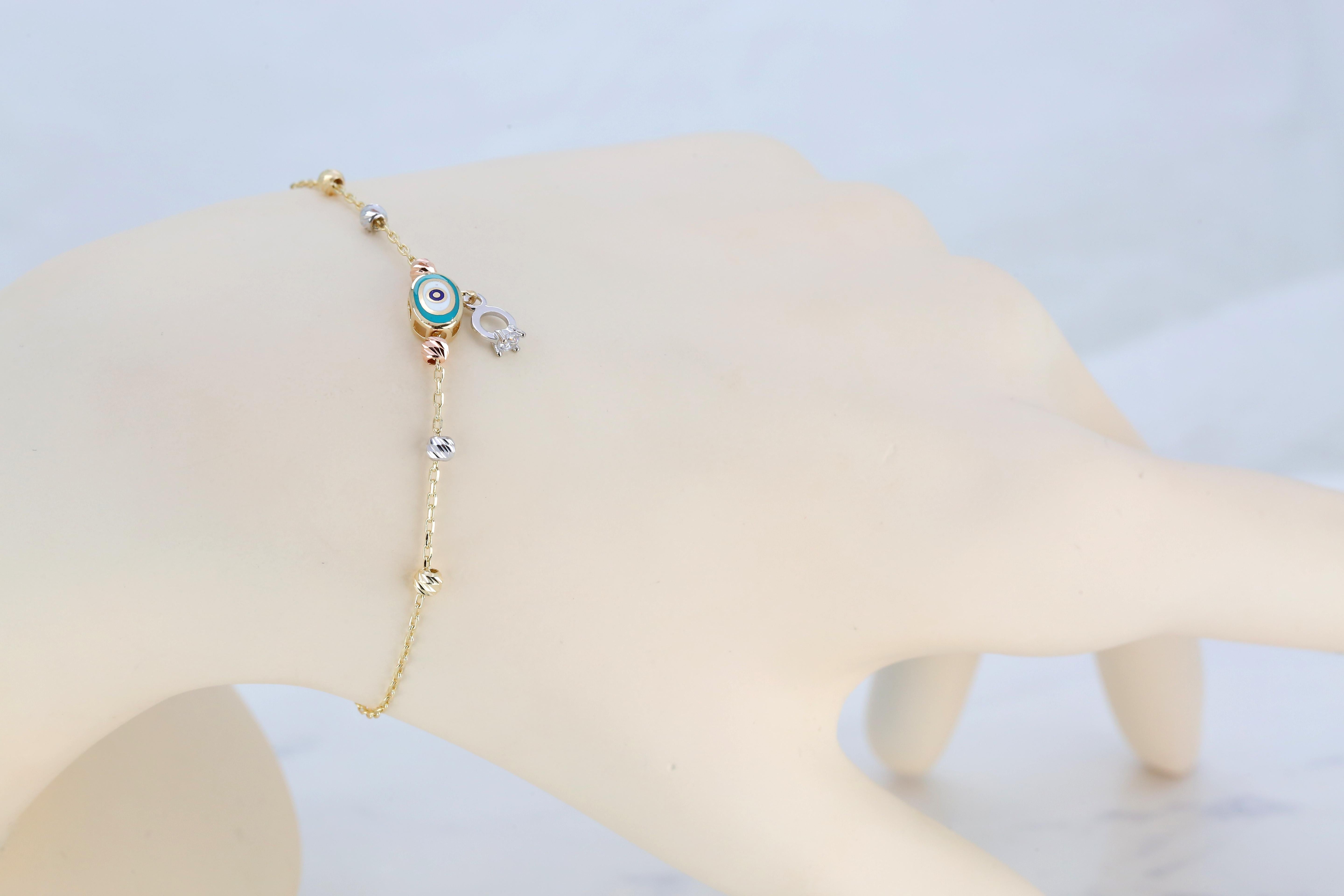 14K Gold Evil Eye Charm with Solitaire Ring Dainty Beaded Bracelet For Sale 2