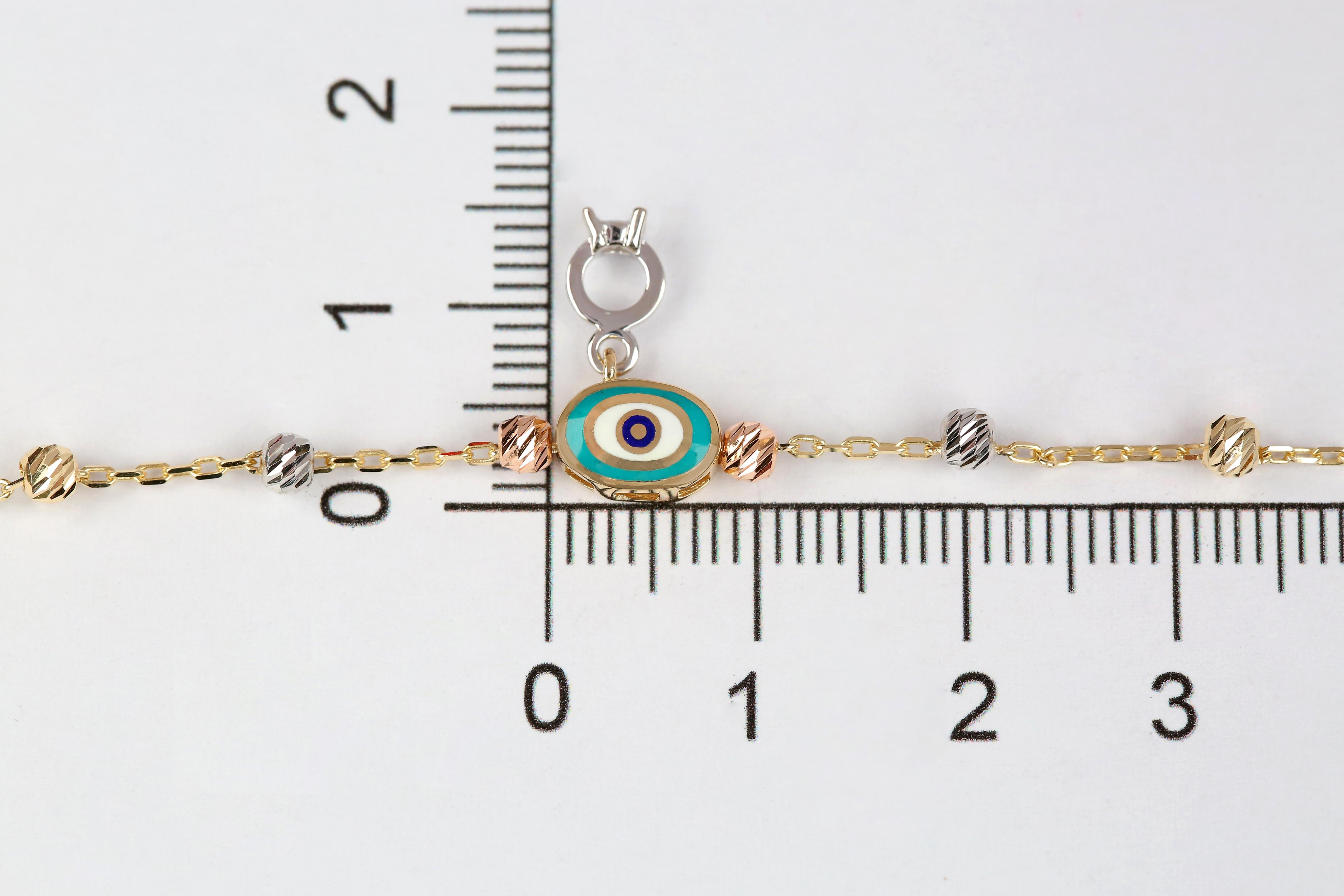14K Gold Evil Eye Charm with Solitaire Ring Dainty Beaded Bracelet For Sale 3