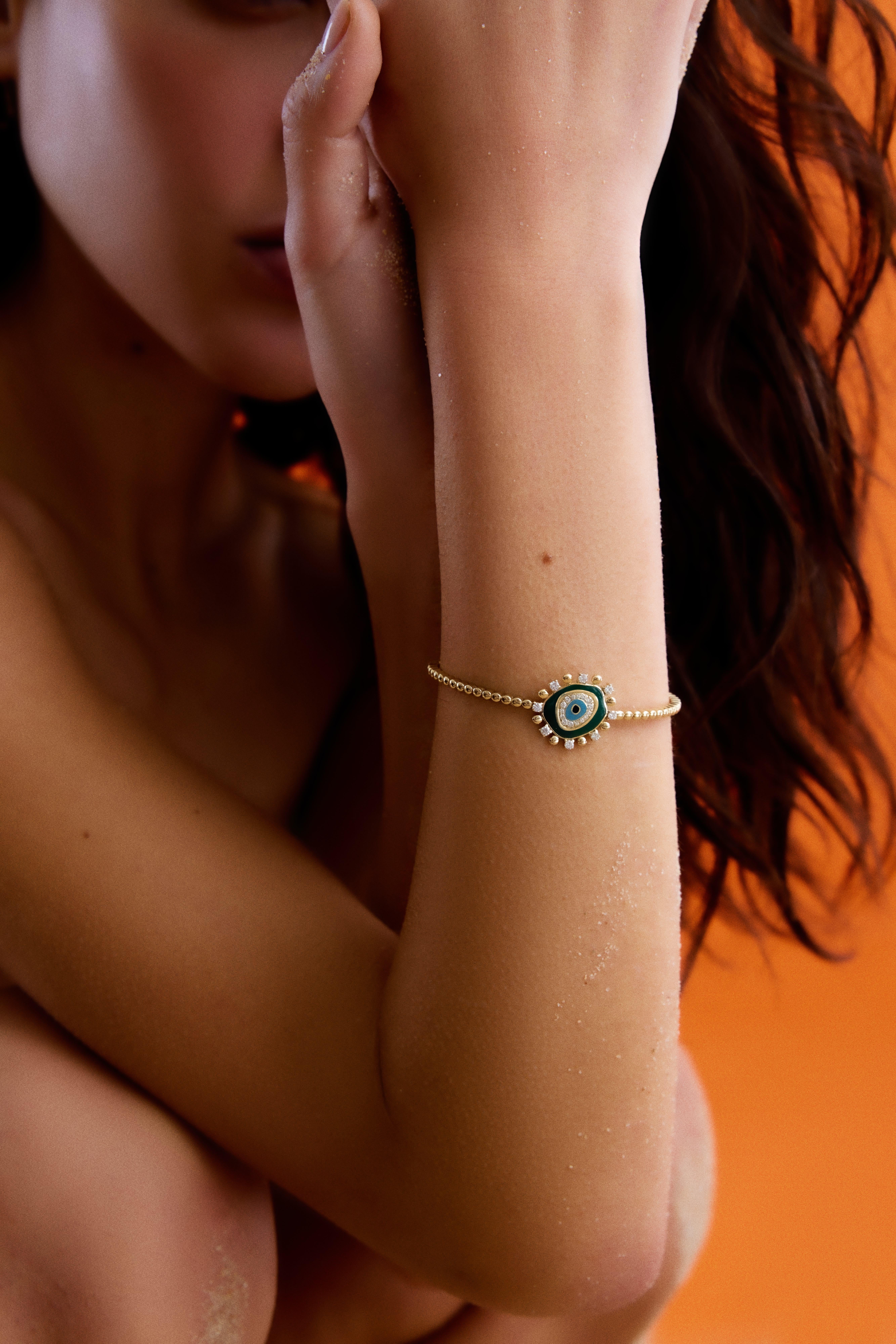 Modern 14k Gold Evil Eye Necklace with Dark Green Enamel and 0.43 ct Diamonds For Sale