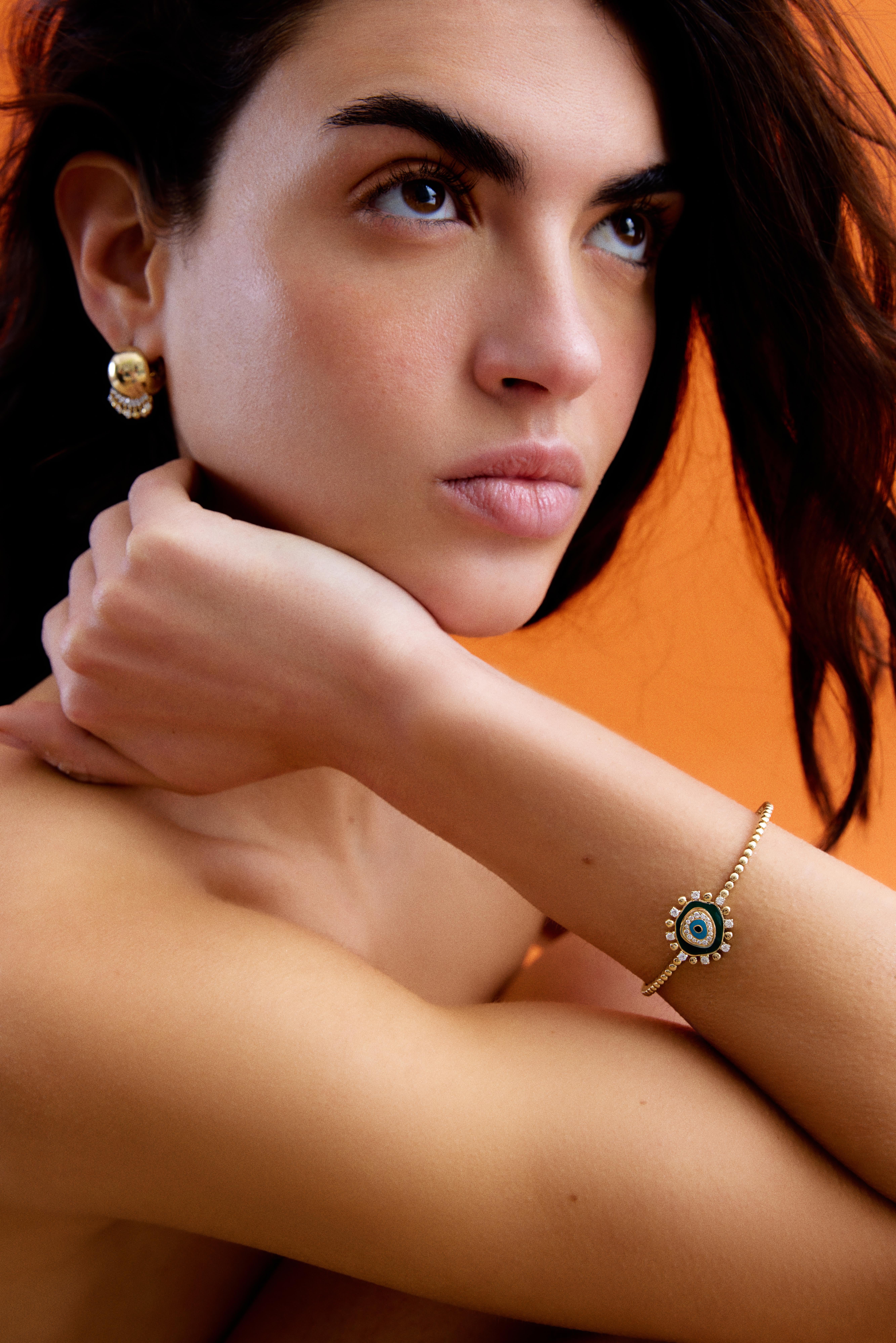 Brilliant Cut 14k Gold Evil Eye Necklace with Dark Green Enamel and 0.43 ct Diamonds For Sale