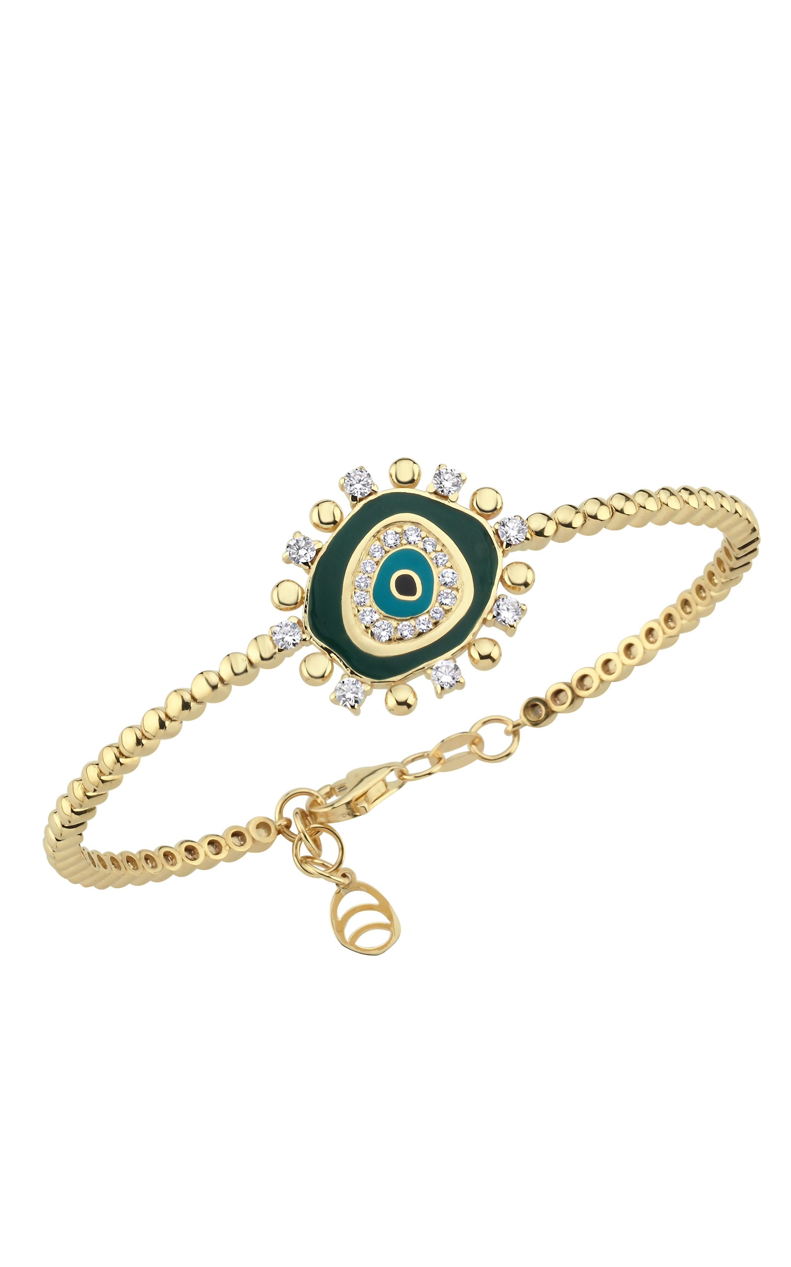 14k Gold Evil Eye Necklace with Dark Green Enamel and 0.43 ct Diamonds In New Condition For Sale In Okmeydanı, 34