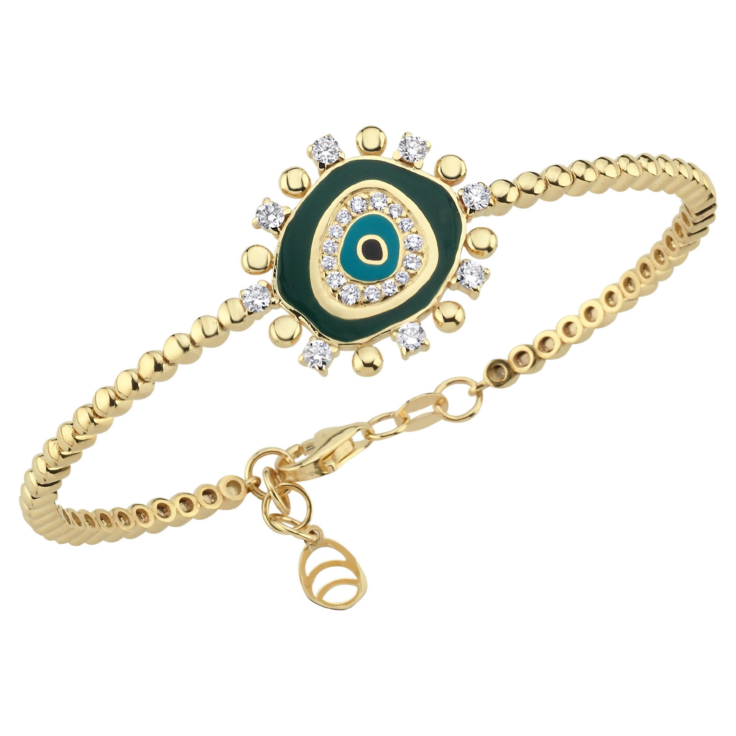14k Gold Evil Eye Necklace with Dark Green Enamel and 0.43 ct Diamonds For Sale