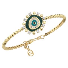 14k Gold Evil Eye Necklace with Dark Green Enamel and 0.43 ct Diamonds
