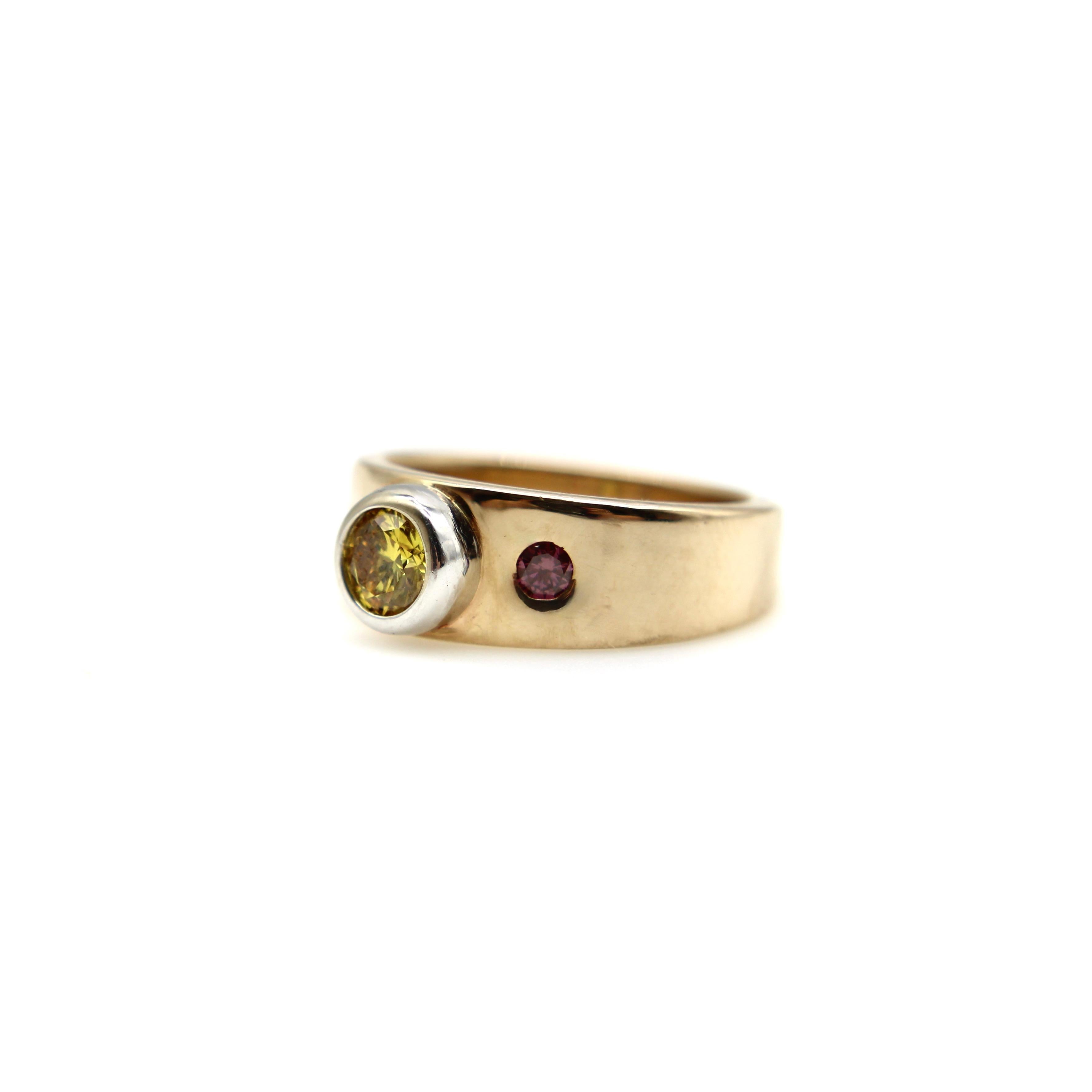 Brilliant Cut  14K Gold Fancy Yellow and Pink Diamond Ring by MWM Goldsmithing For Sale