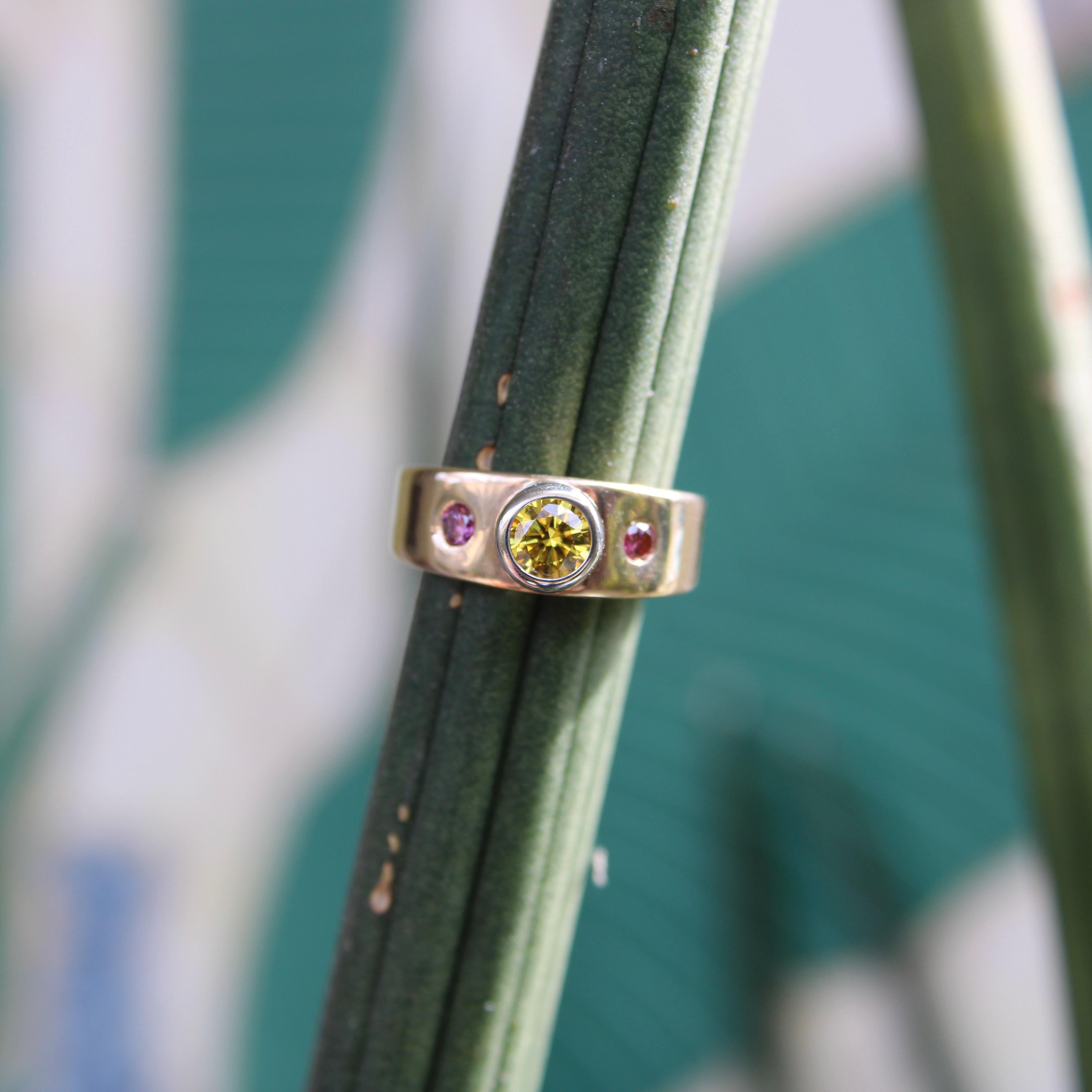 14K Gold Fancy Yellow and Pink Diamond Ring by MWM Goldsmithing For Sale 3