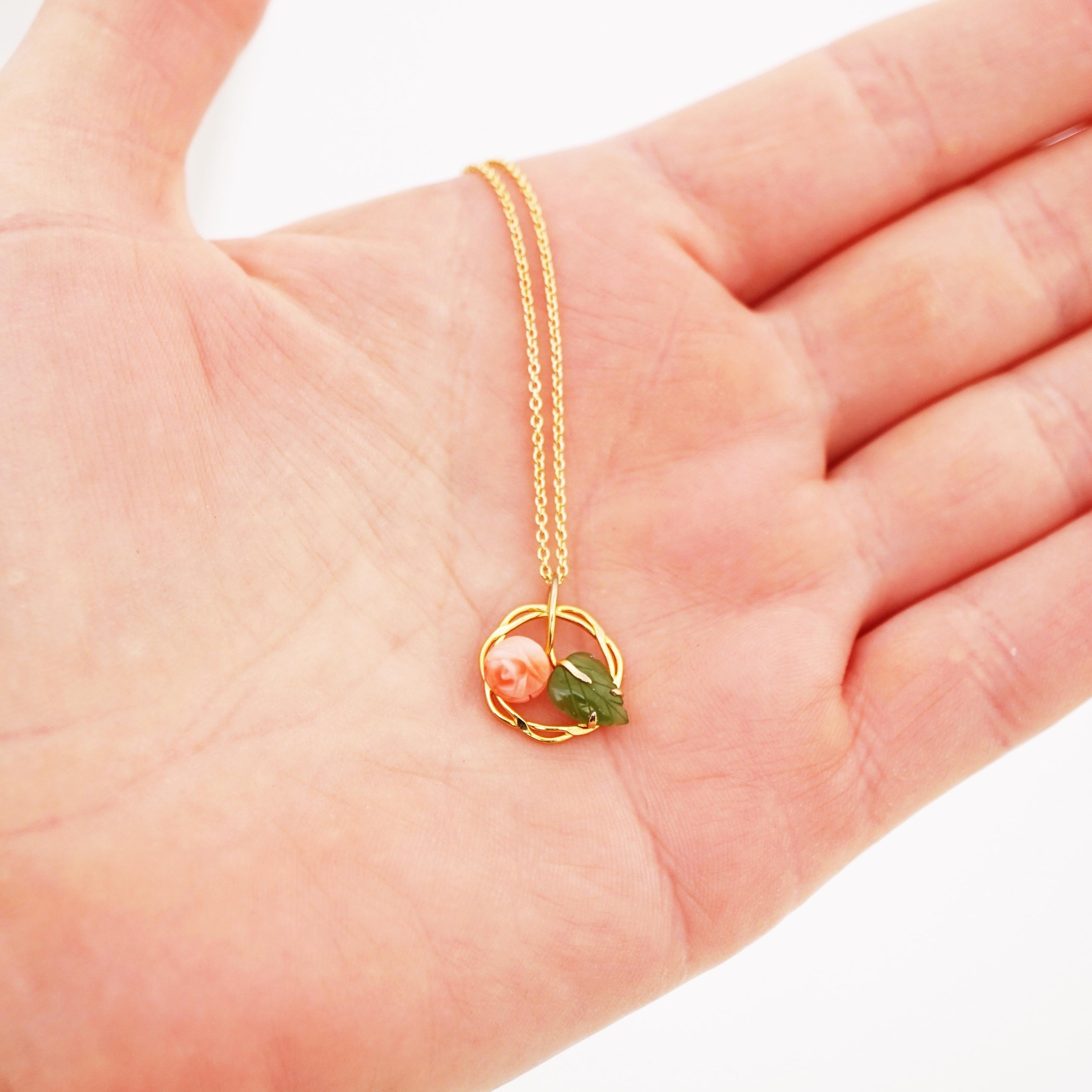14k Gold Fill Jade Leaf & Angel Skin Coral Rose Bud Pendant Necklace, 1950s In Good Condition In McKinney, TX