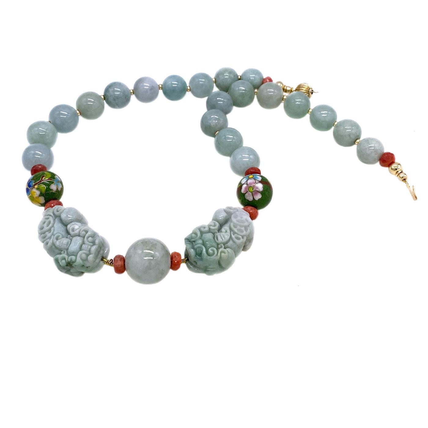 Artisan 14K Gold Filled and Jade Necklace with a Pair of Carved Pixiu For Sale