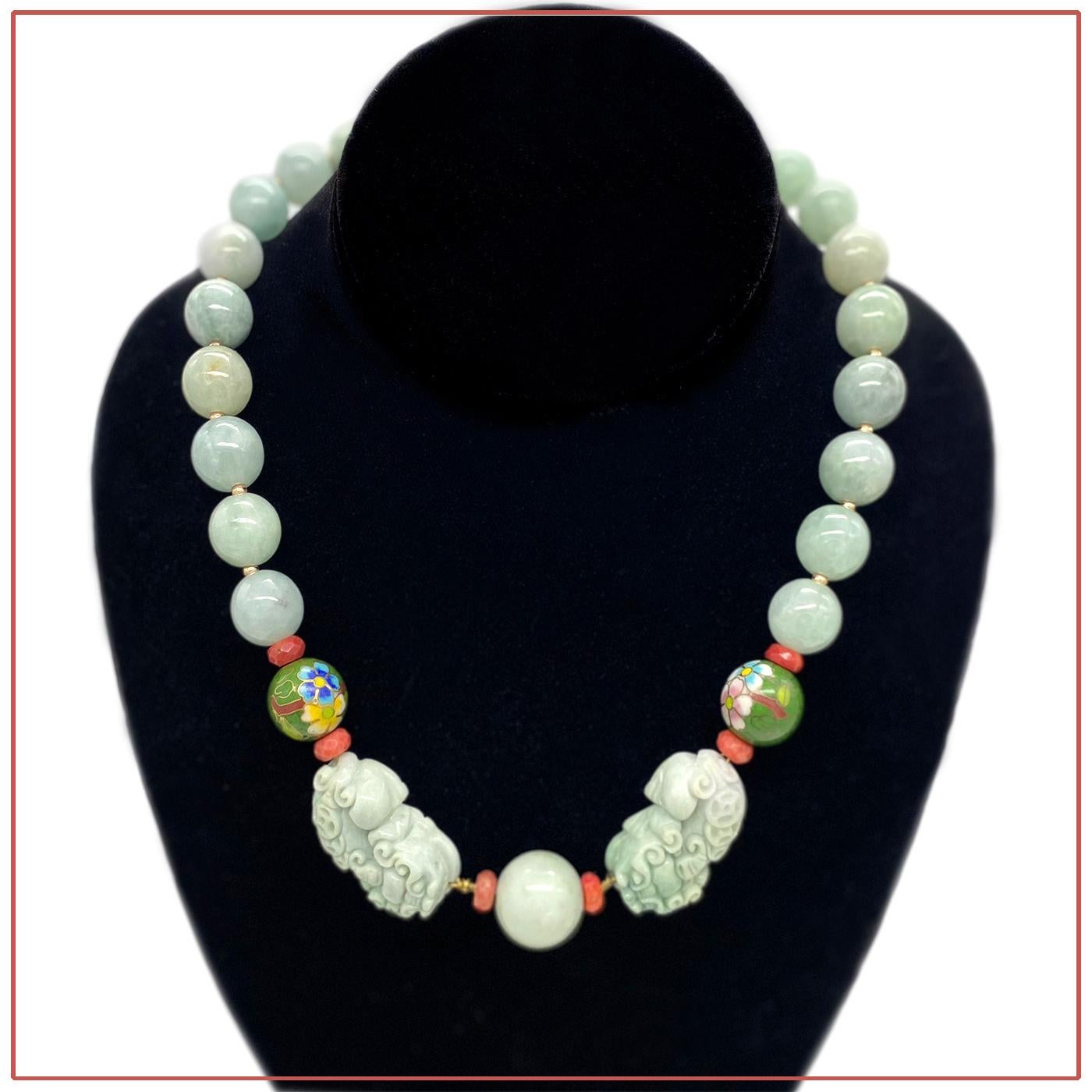 Bead 14K Gold Filled and Jade Necklace with a Pair of Carved Pixiu For Sale