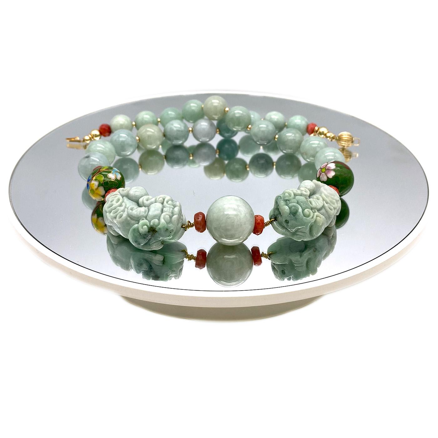 Women's 14K Gold Filled and Jade Necklace with a Pair of Carved Pixiu For Sale