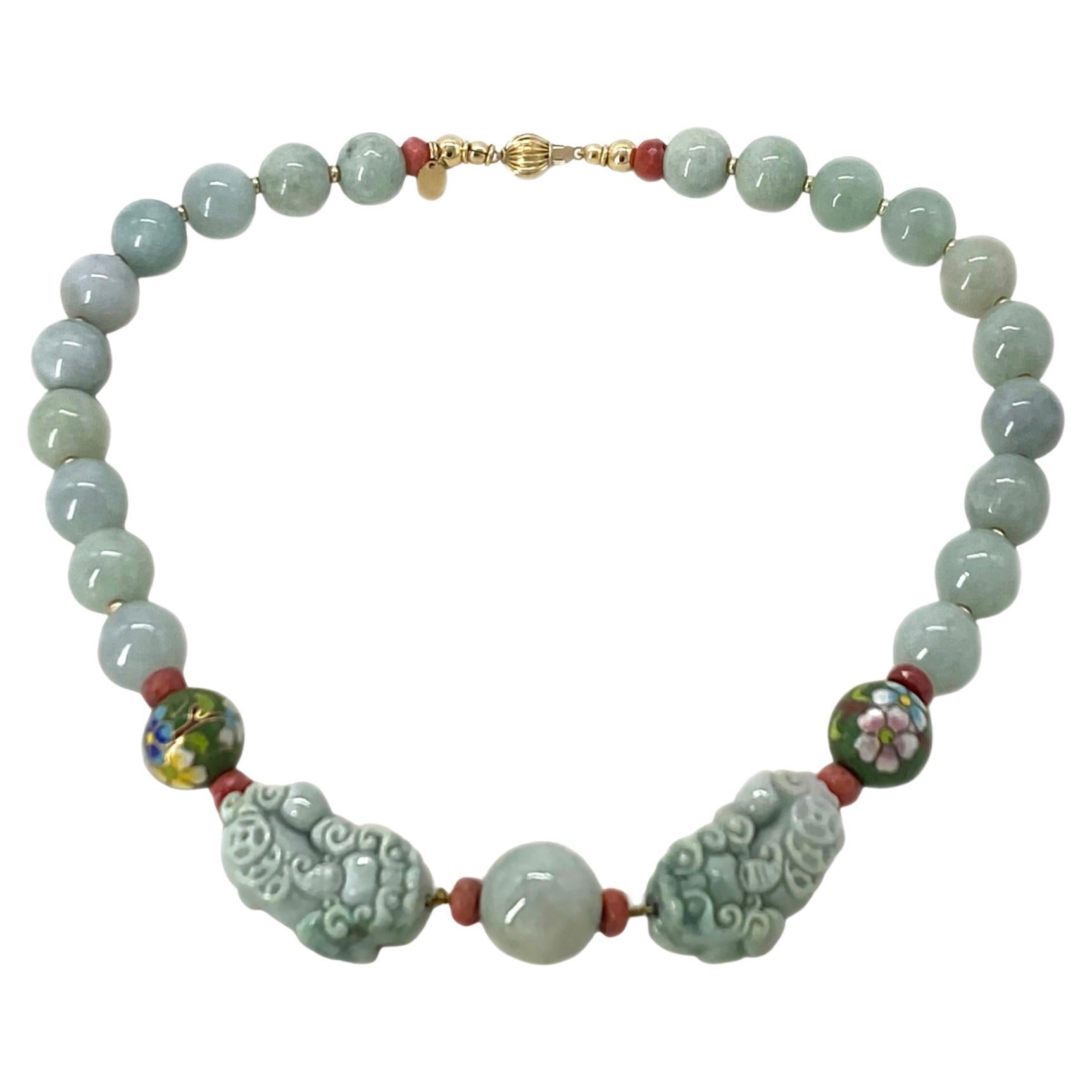 Collana in oro 14K e giada con coppia di Pixiu intagliati