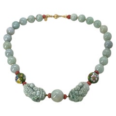 14K Gold Filled and Jade Necklace with a Pair of Carved Pixiu