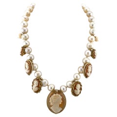 14K Gold Filled Baroque Pearl Necklace with Seven Cameos Charms, 16.125"