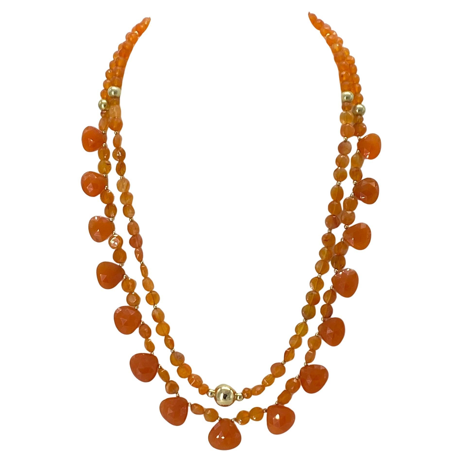 Taille cœur Collier double brin en cornaline remplie d'or 14K avec briolette en forme de coeur en vente