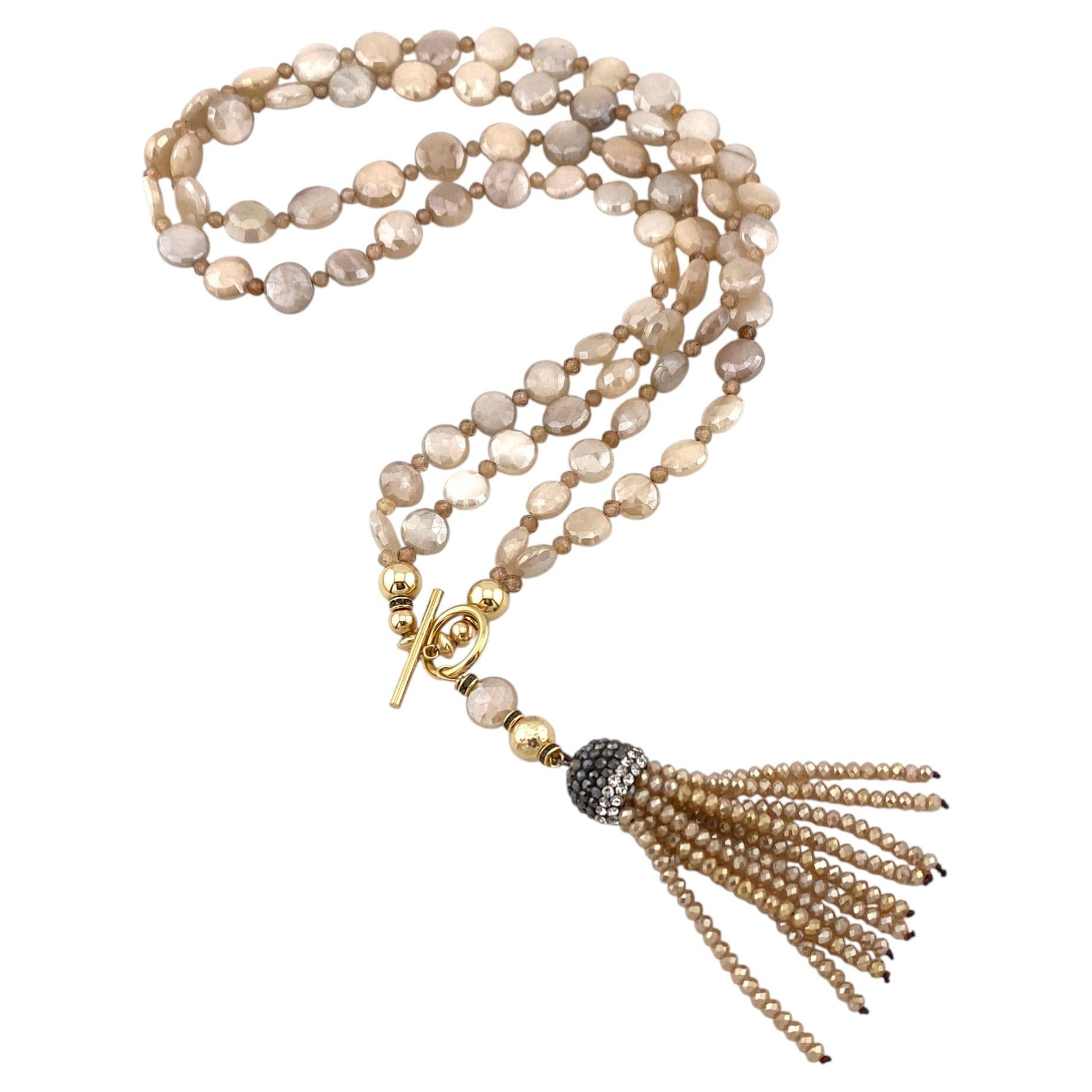 14K Gold Filled Double Strand Moonstone & Zircon Necklace with Tassel Pendant