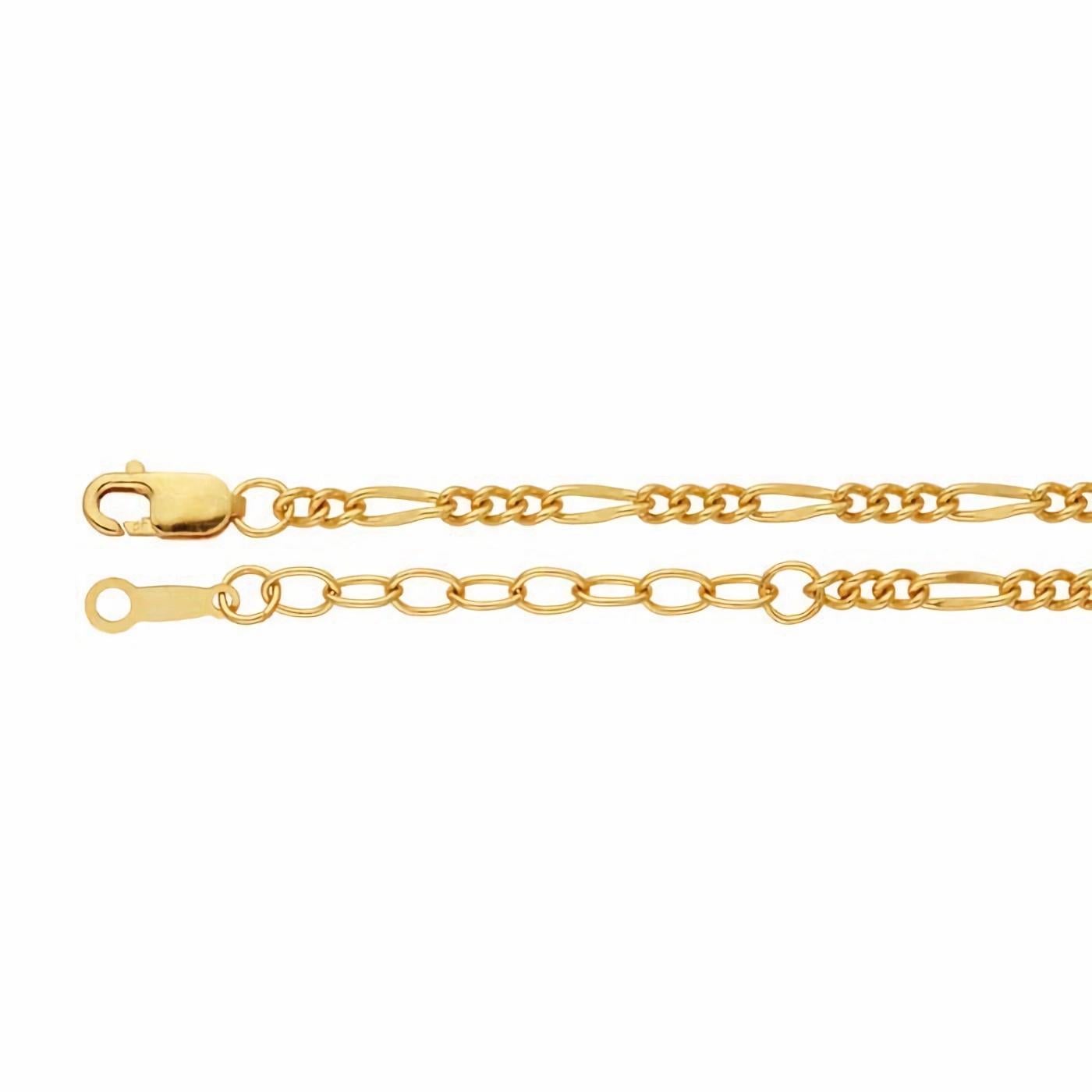 Offrez-vous une élégance intemporelle avec le bracelet à chaîne Figaro en or jaune 14/20 de Mona Jewelry. Réalisée par des experts, cette pièce exquise présente un design chic avec un maillon plus long alternant avec 3 à 5 maillons plus petits,