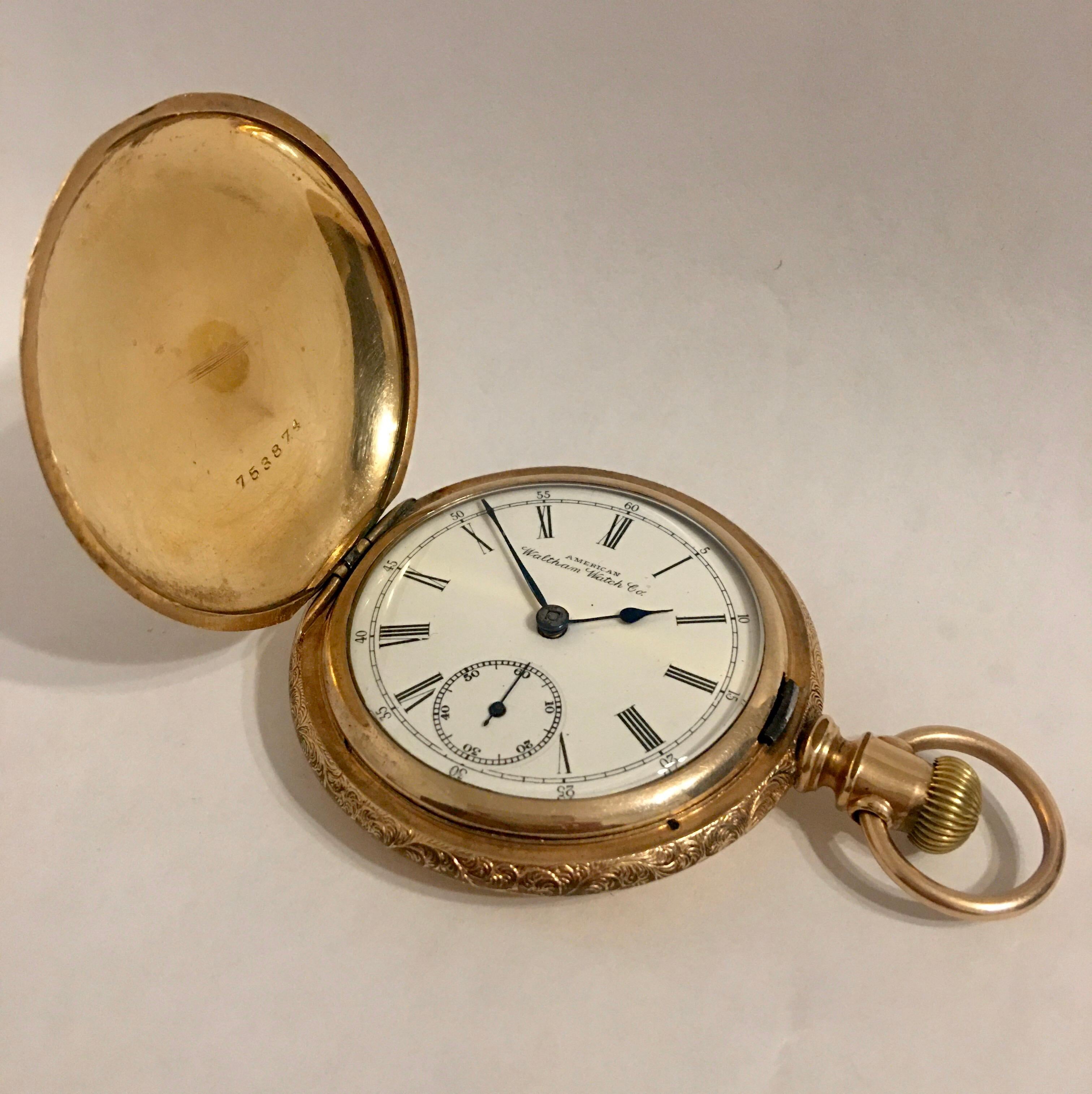 14K Gold-Filled Full Hunter American Waltham Watch Co.Antique Gents Pocket Watch 6