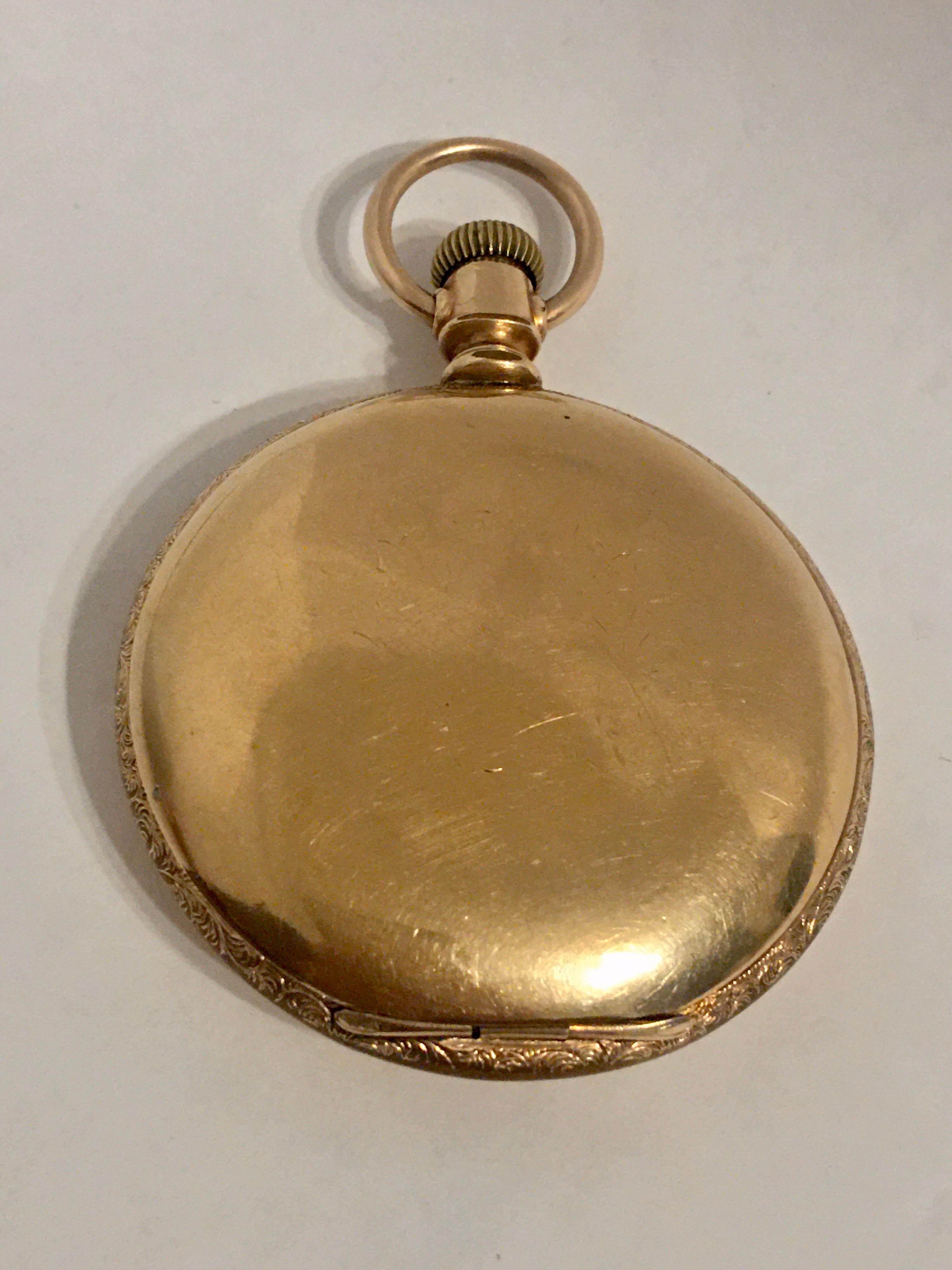14K Gold-Filled Full Hunter American Waltham Watch Co. Antique Gentleman’s Pocket Watch

This Charming Pre-own Full Hunter Pocket Watch is working and it is ticking well. Visible dents on the back cover case and a metal tested mark as shown.