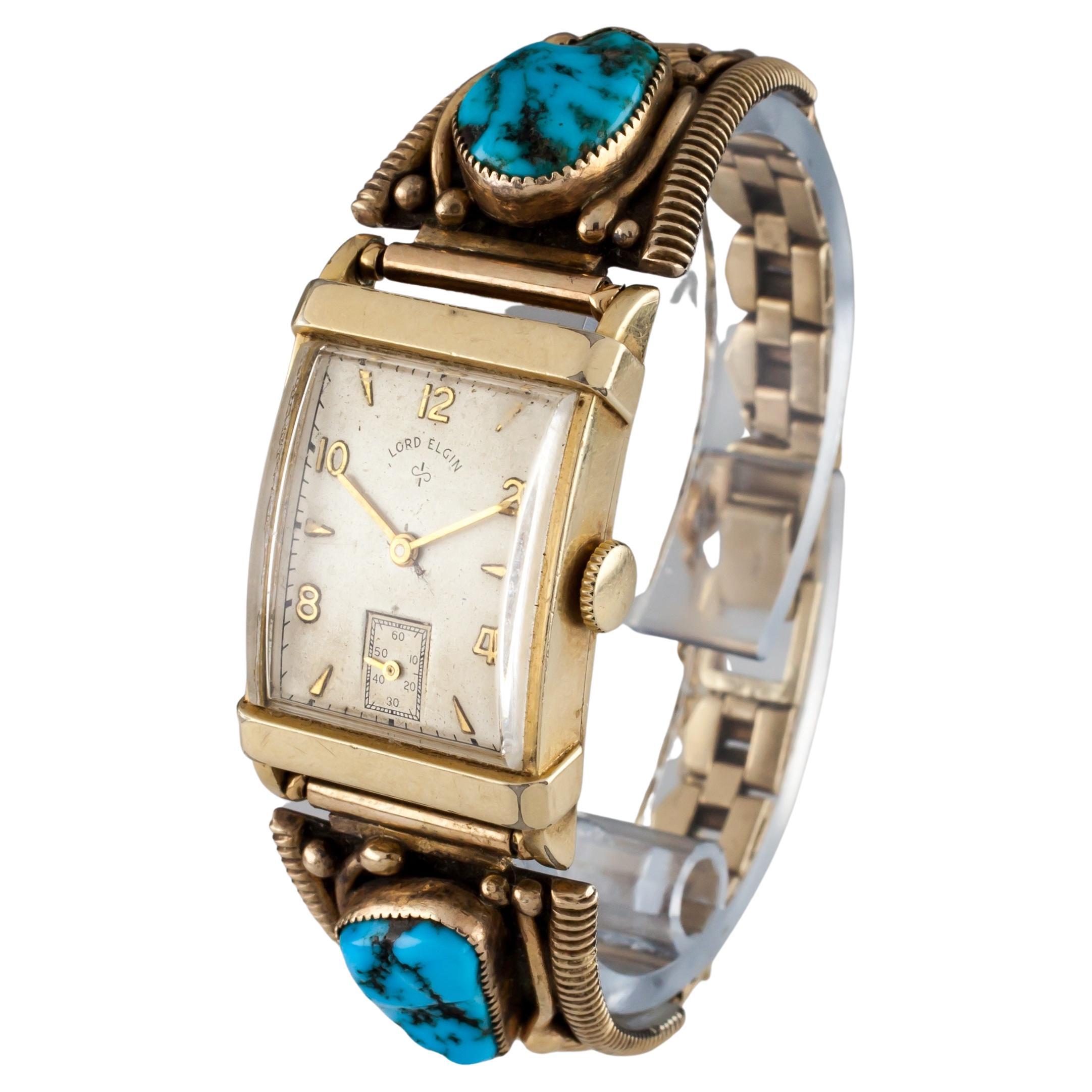 14k Gold-Filled Lord Elgin Watch with Navajo 14k Gold handmade Turquoise Band