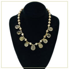 Golden Rutilated Quartz and Pearl Necklace, 14K Gold Filled, Artisan