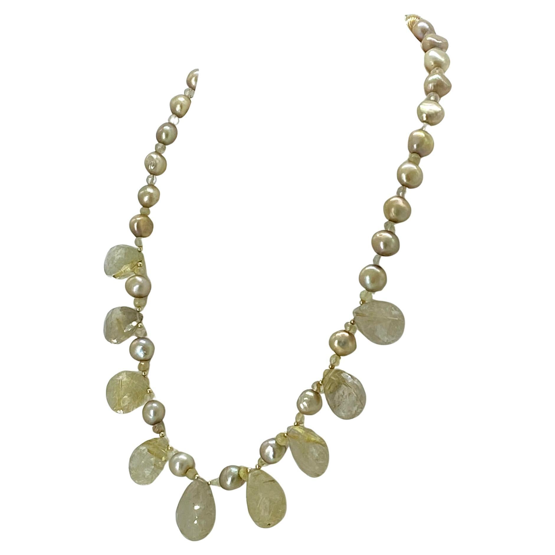 Collier de perles en or 14K avec pendentifs en quartz rutilé doré Pour femmes en vente