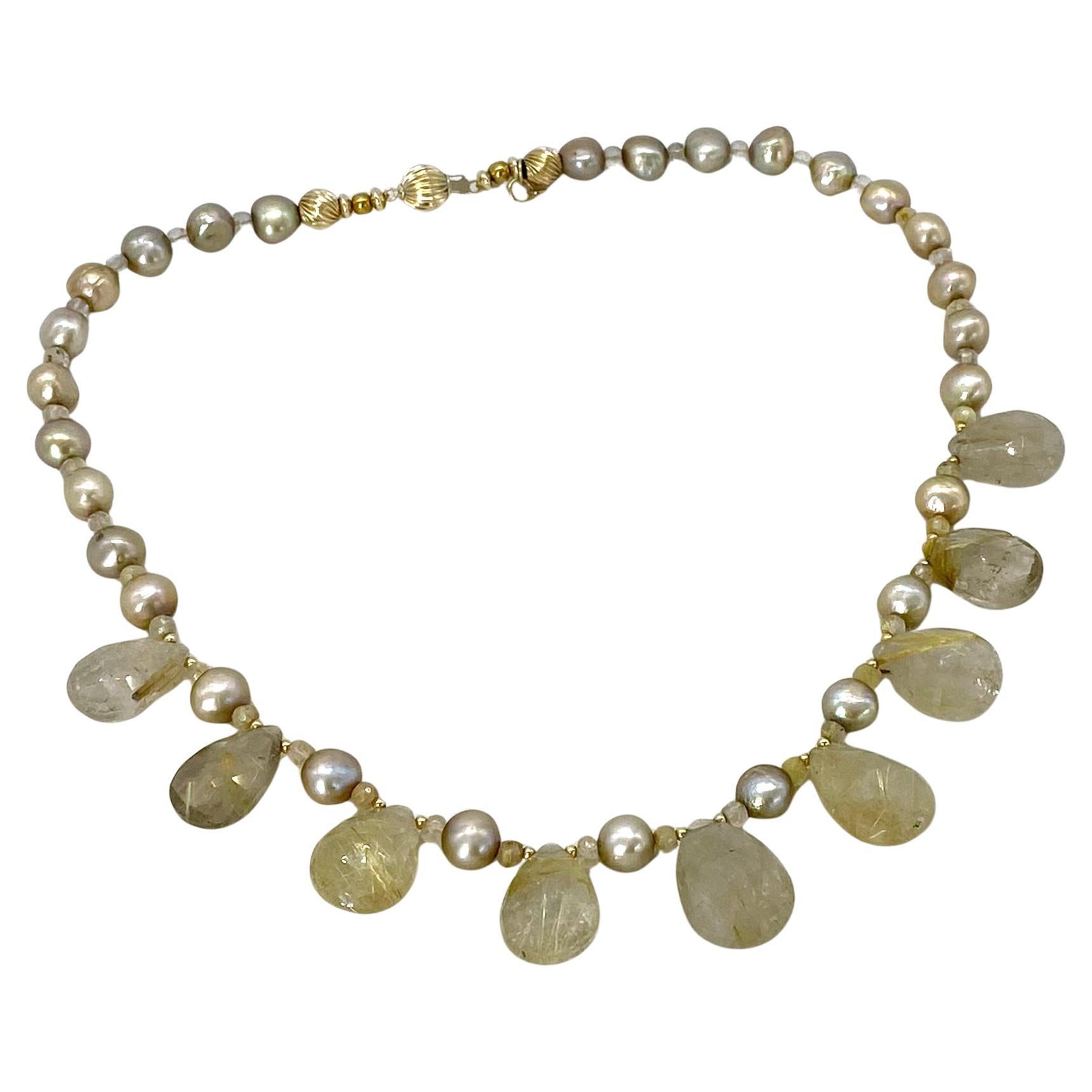 Collier de perles en or 14K avec pendentifs en quartz rutilé doré en vente