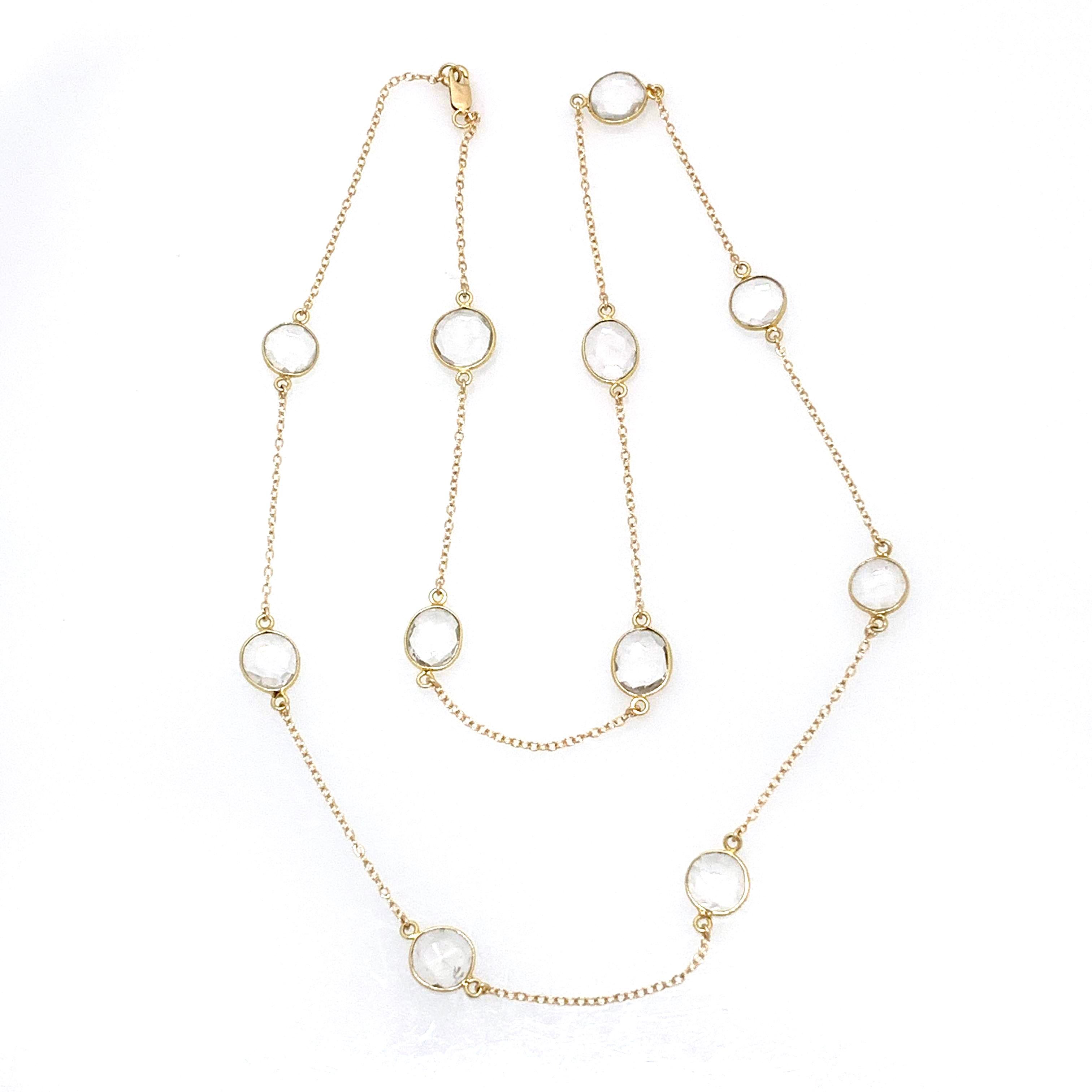 This 14k gold filled rose cut clear quartz station necklace is such a beautiful piece! 

A long and elegant fine 14k gold filled chain is embellished with hand bezel-set double facet rose cut clear quartz every 1.5
