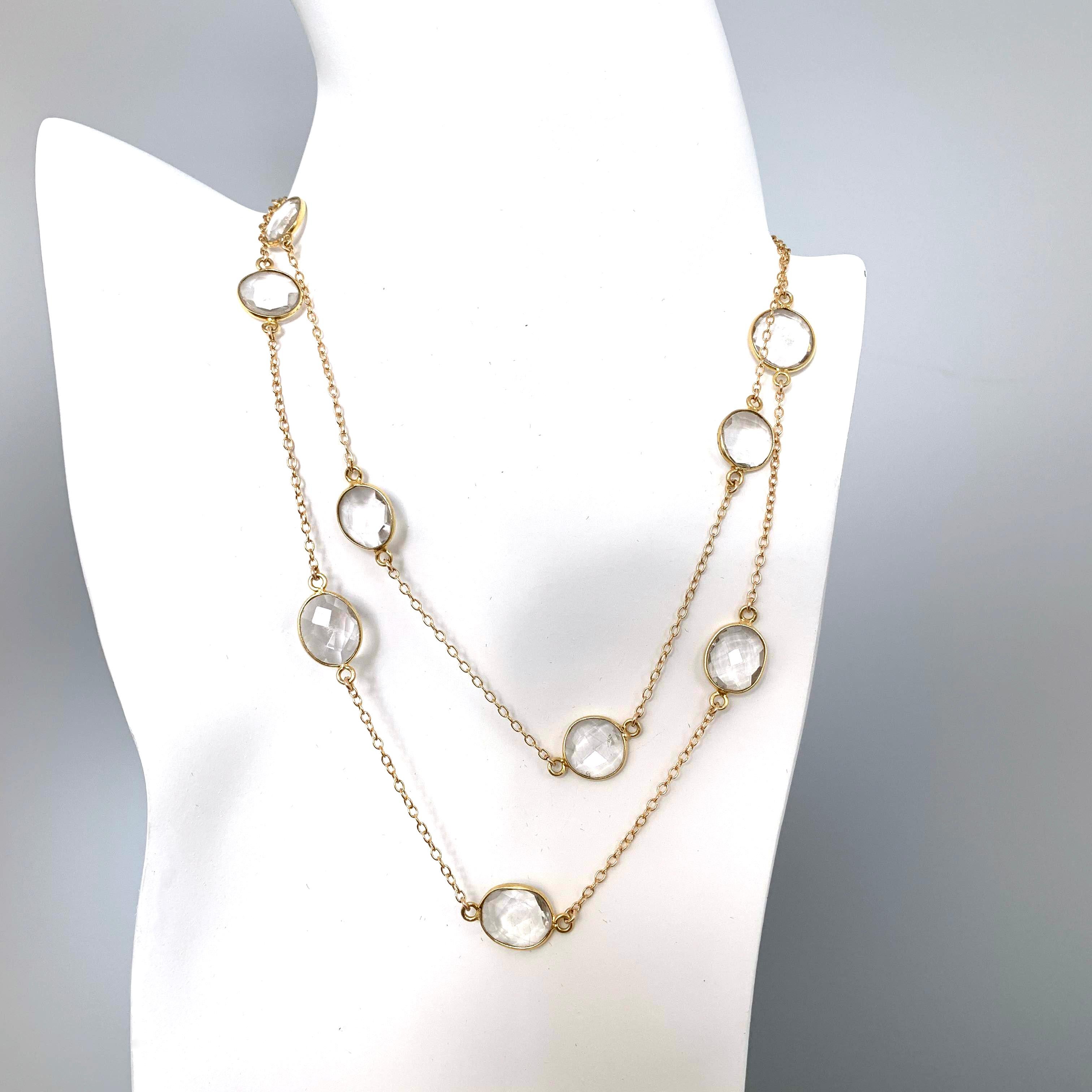 Contemporary 14k gold filled Rose cut Clear Quartz Long Station Necklace For Sale