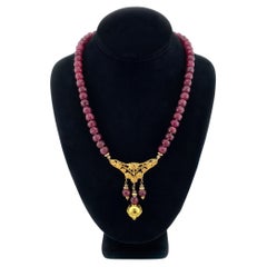 14K Gold Filled Ruby Dangle Pendant Necklace, Etruscan Revival Style