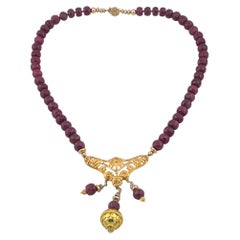 14K Gold Filled Ruby Dangle Pendant Necklace, Etruscan Revival Style