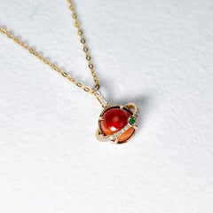 14K Gold Fire Opal Pendant with Diamond and Tsavorite Accents