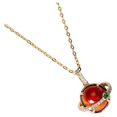 14K Gold Fire Opal Pendant with Diamond and Tsavorite Accents