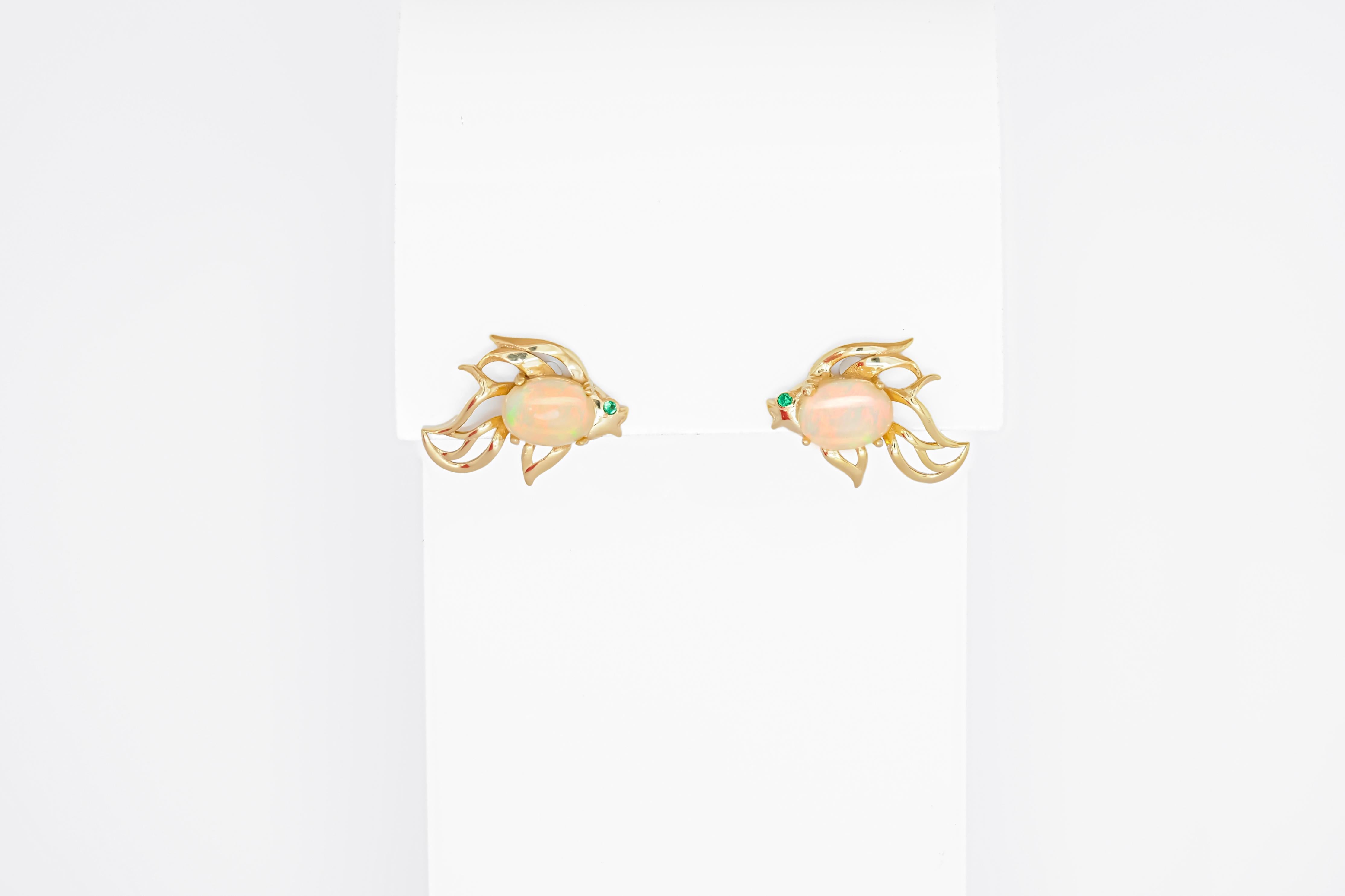 14k gold Fish earrings studs set in 14k gold. 
Opal earrings studs. Opal cabochon earrings. Animal Little Fish Jewelry. October Birthstone Opal Lucky fish Gift.

Earrings and pendant set:
Metal: 14k gold
Size: 18x16mm and same for earrings
Total