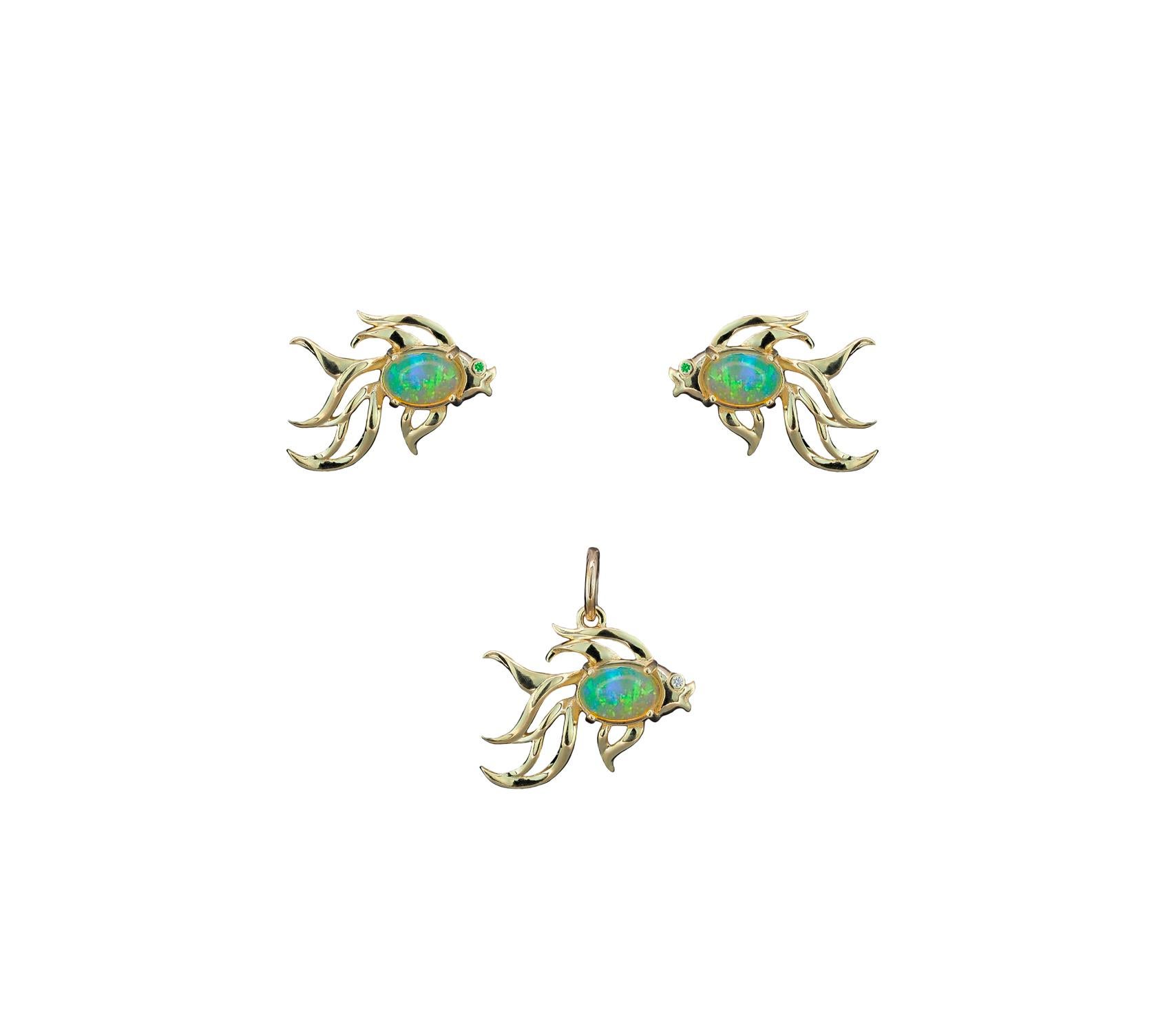 14k gold Fish pendant and earrings set in 14k gold. 14k Gold Fish pendant and earrings studs. Animal Little Fish Jewelry. October Birthstone Opal Lucky fish Gift.

Earrings and pendant set:
Metal: 14k gold
Size: 18x16mm and same for earrings
Total