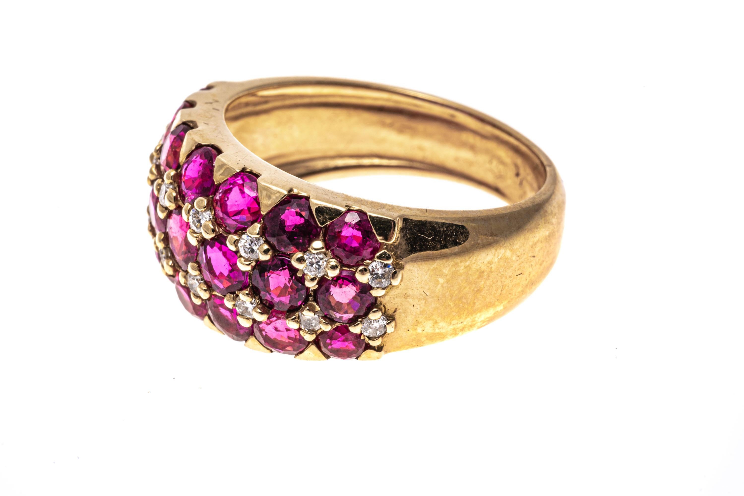 Round Cut 14k Gold Five Row Bombe Ruby and Diamond Dome Ring, App. 3.12 TCW For Sale